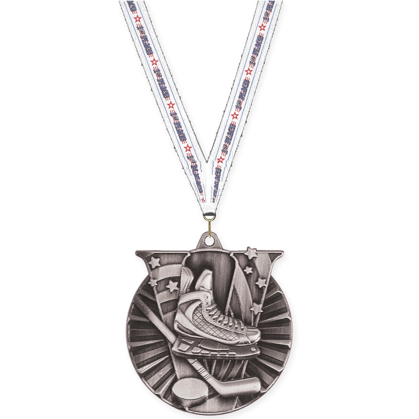 2 inch hockey Victory medal in antique silver with 1st Place neck ribbon
