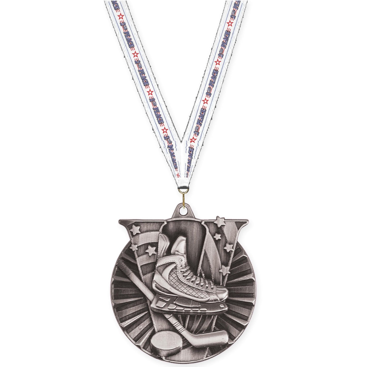 2 inch hockey Victory medal in antique silver with 2nd Place neck ribbon