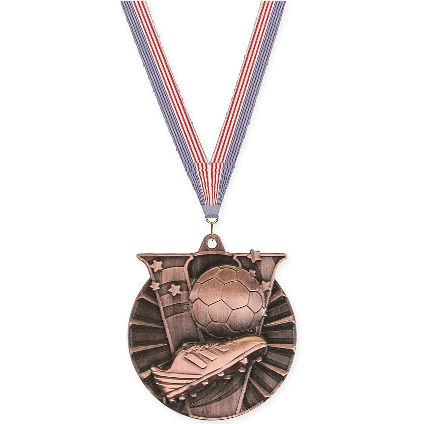 2 inch soccer Victory medal in antique bronze with USA Flag neck ribbon