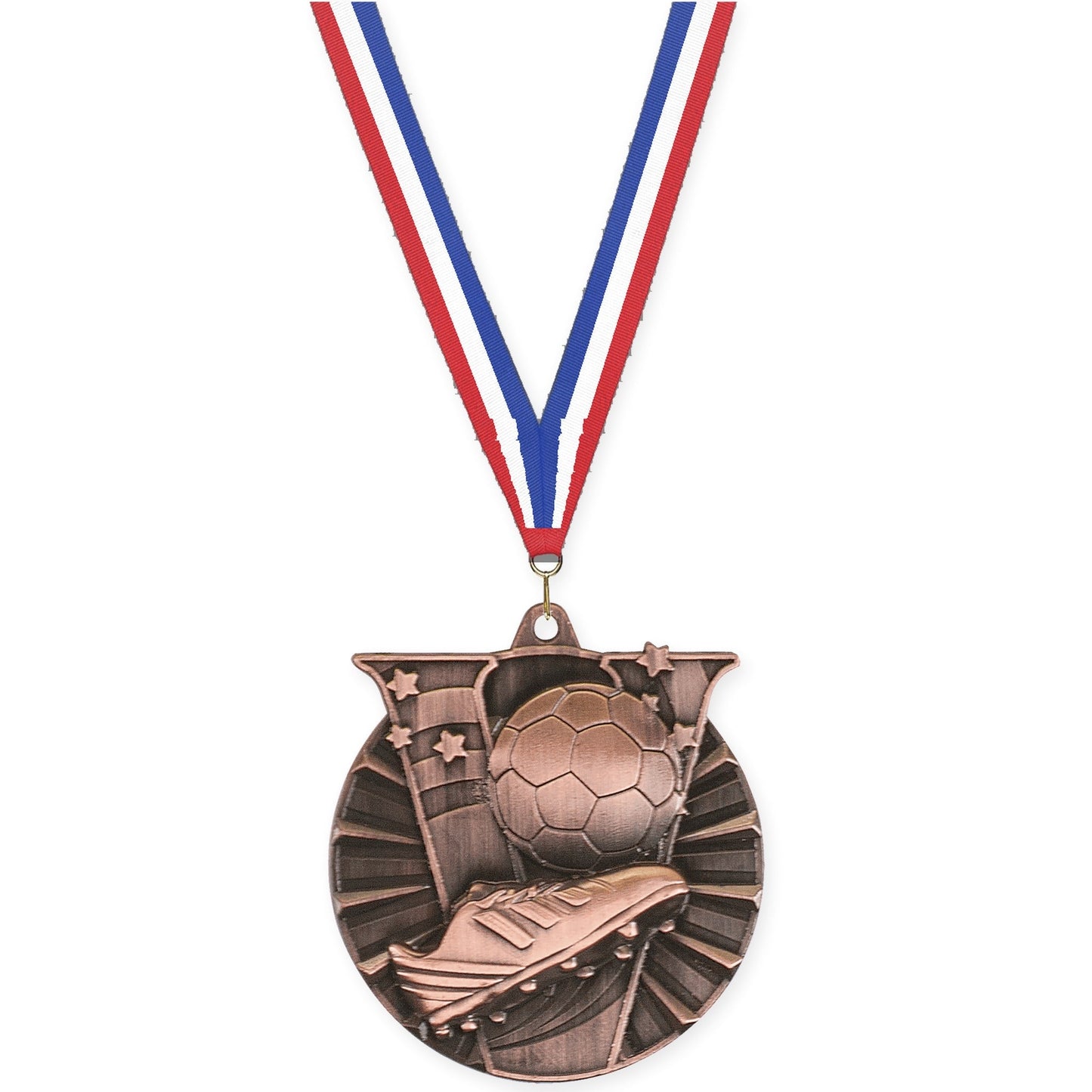 2 inch soccer Victory medal in antique bronze with Red White Blue neck ribbon