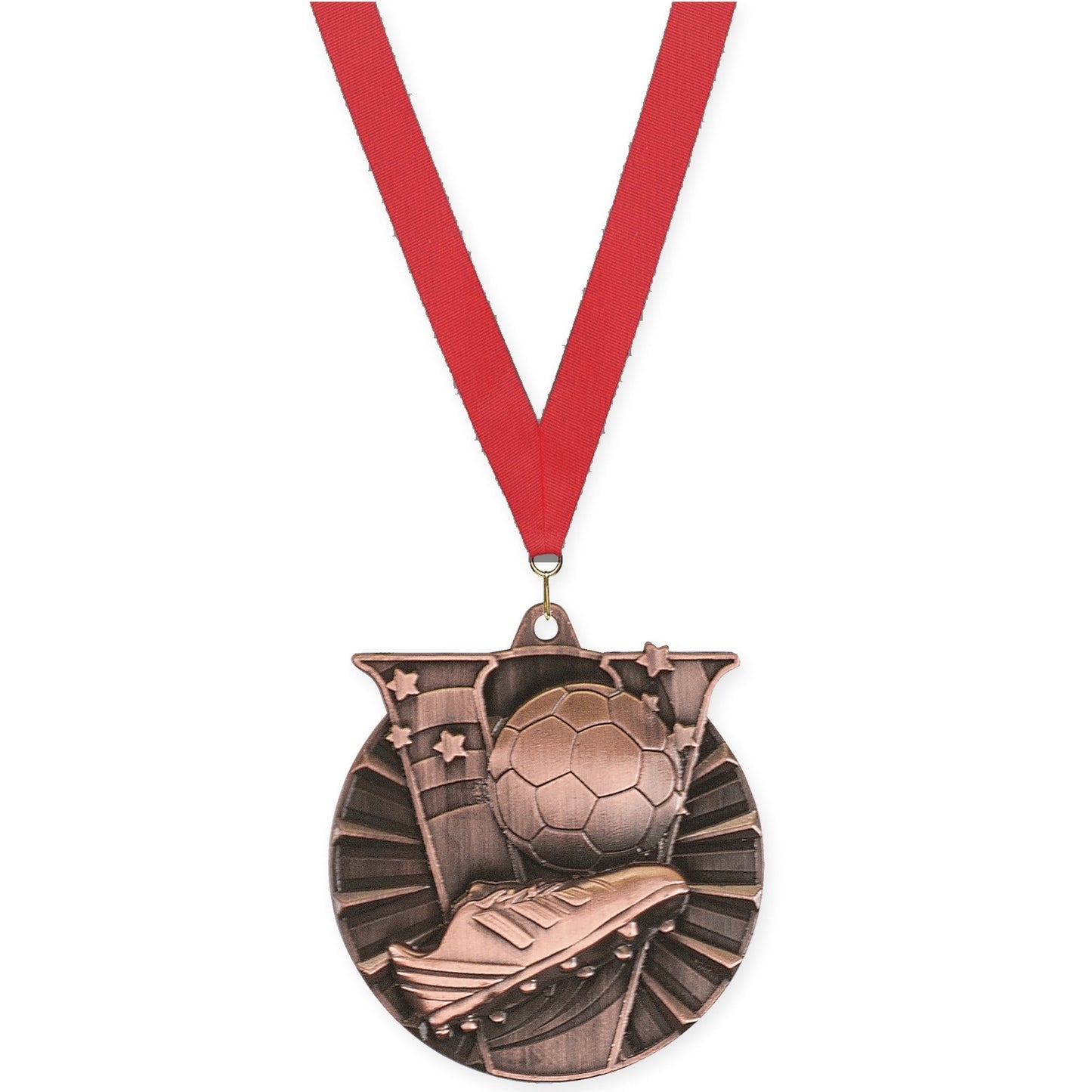 2 inch soccer Victory medal in antique bronze with Red neck ribbon