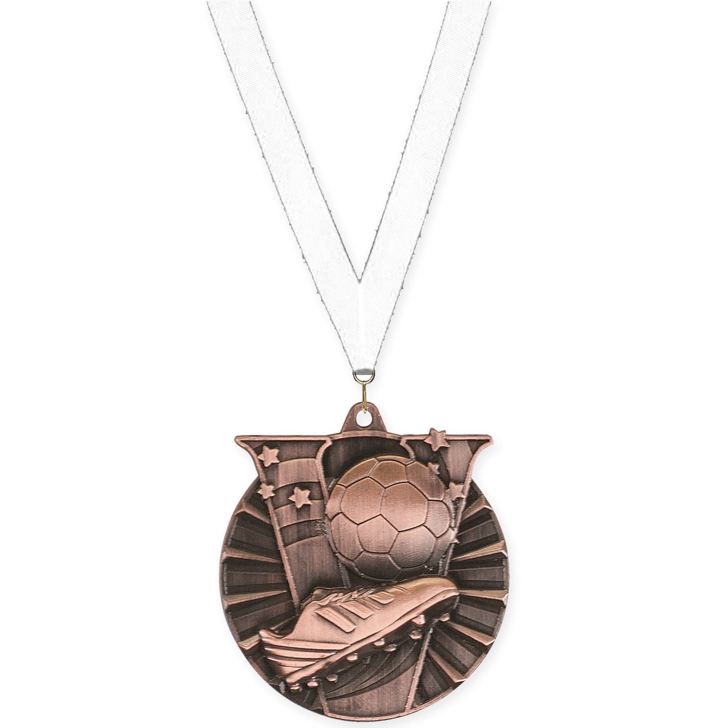 2 inch soccer Victory medal in antique bronze with White neck ribbon