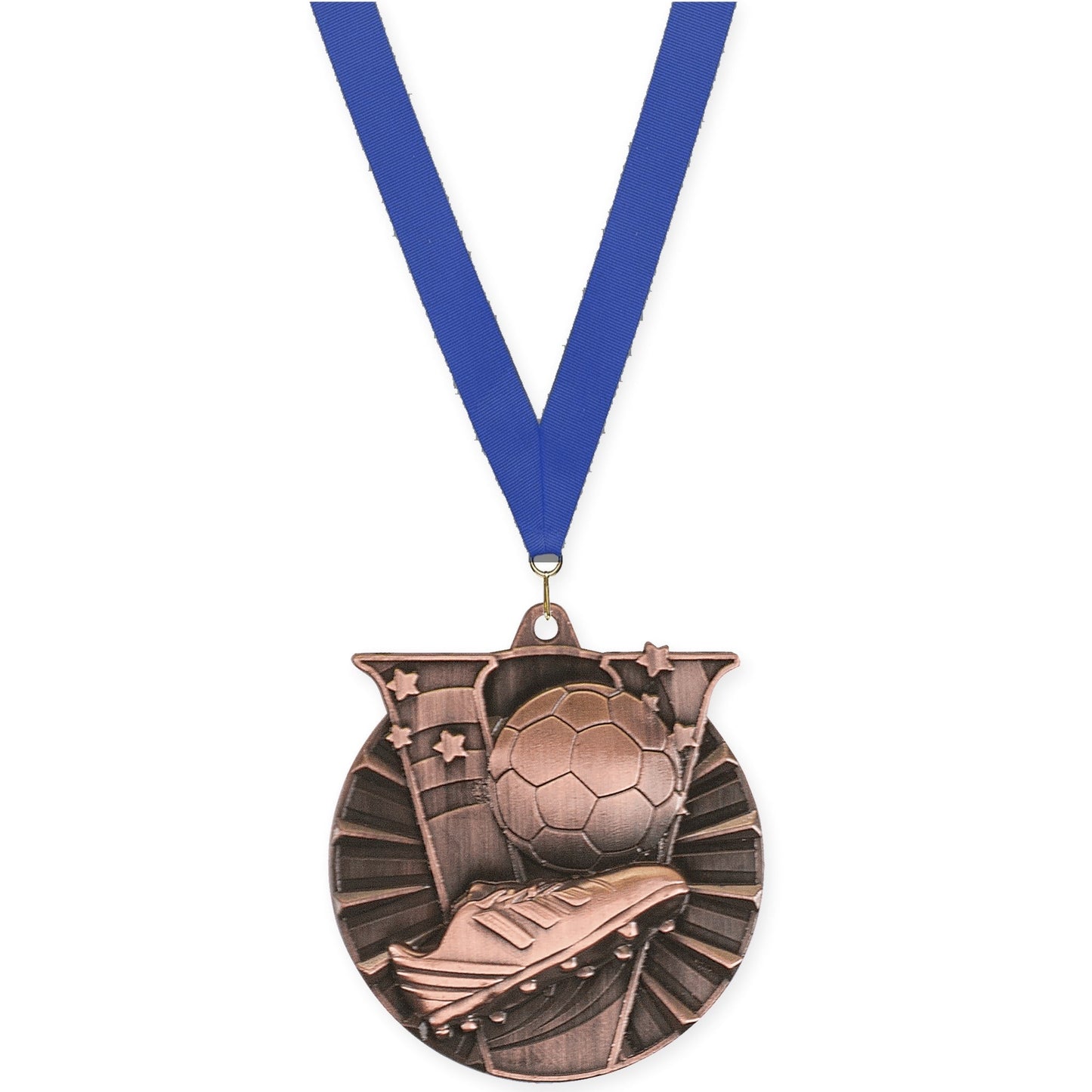 2 inch soccer Victory medal in antique bronze with Blue neck ribbon