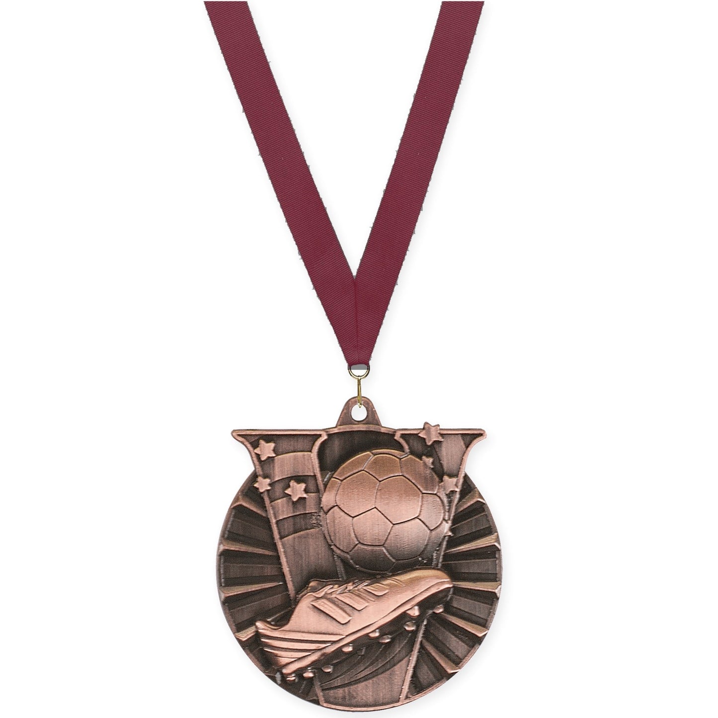2 inch soccer Victory medal in antique bronze with Maroon neck ribbon