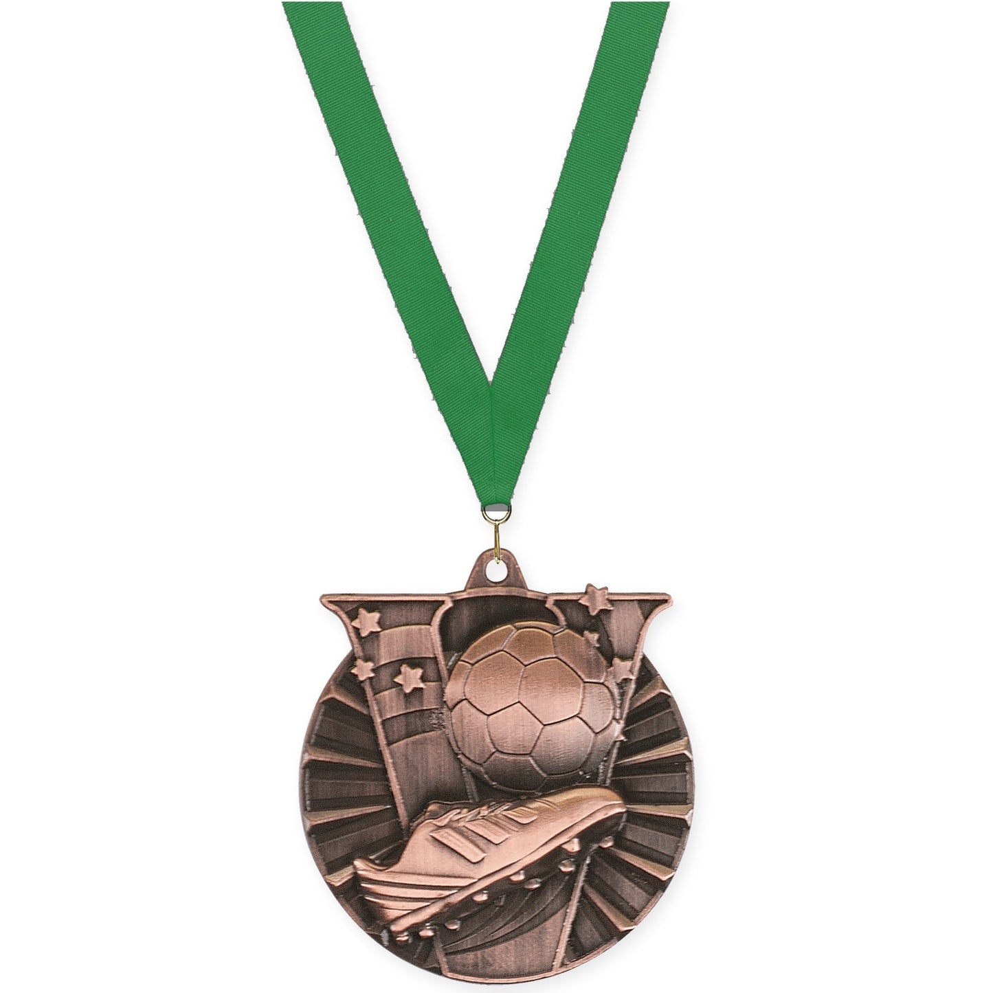 2 inch soccer Victory medal in antique bronze with Green neck ribbon