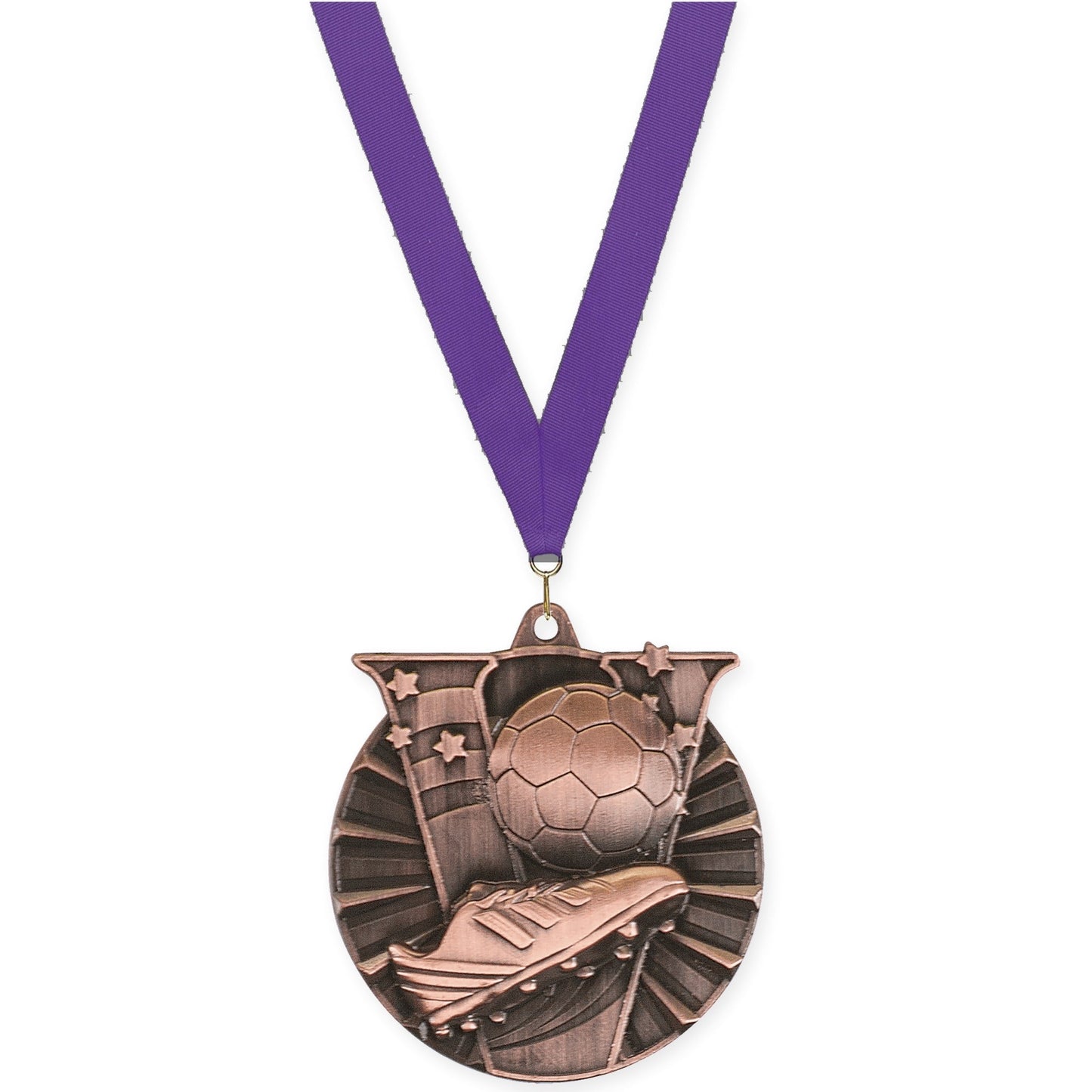 2 inch soccer Victory medal in antique bronze with Purple neck ribbon