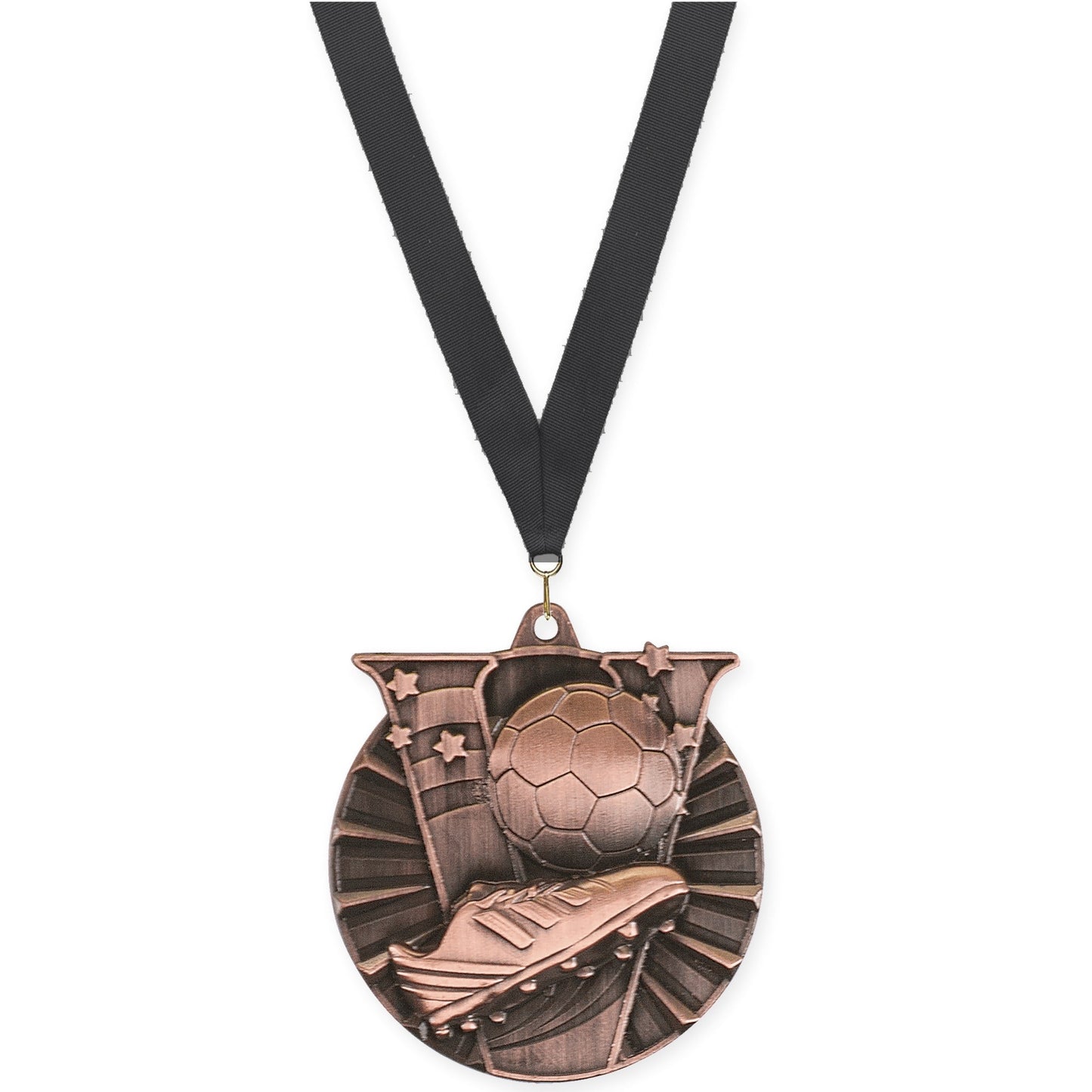 2 inch soccer Victory medal in antique bronze with Black neck ribbon