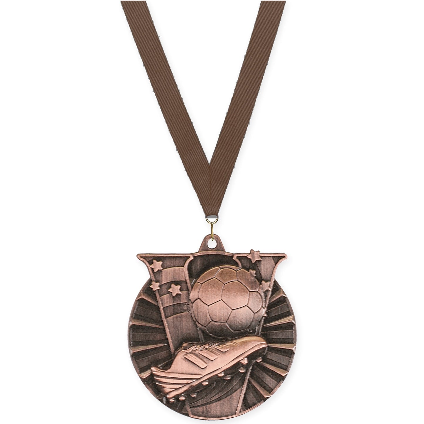 2 inch soccer Victory medal in antique bronze with Brown neck ribbon