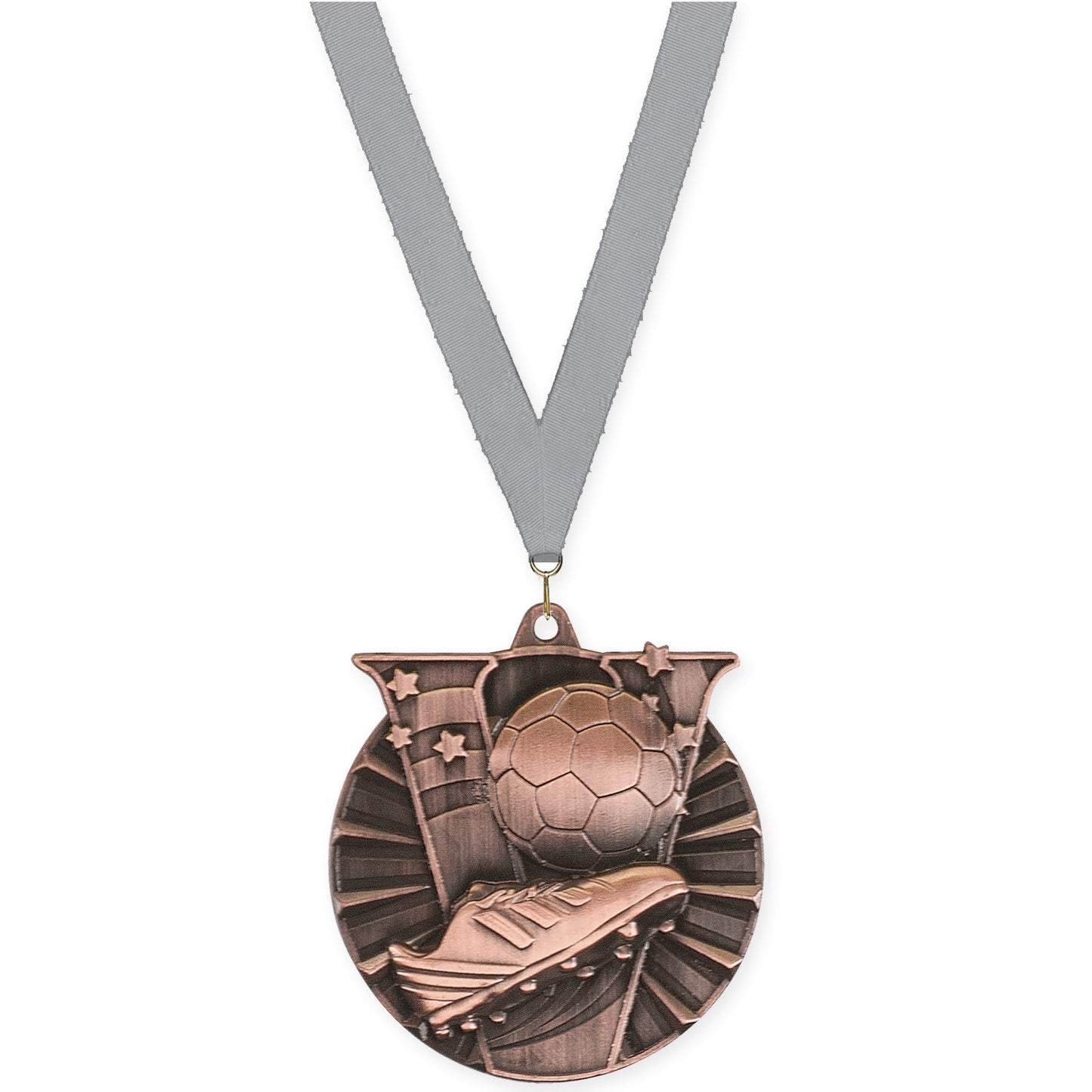 2 inch soccer Victory medal in antique bronze with Gray neck ribbon