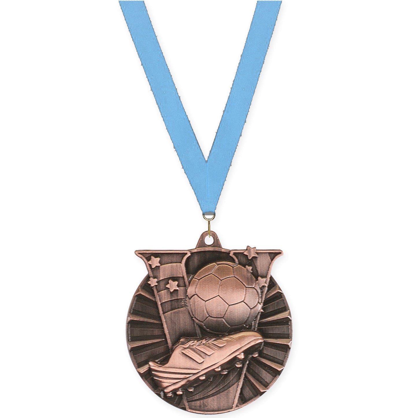 2 inch soccer Victory medal in antique bronze with Light Blue neck ribbon