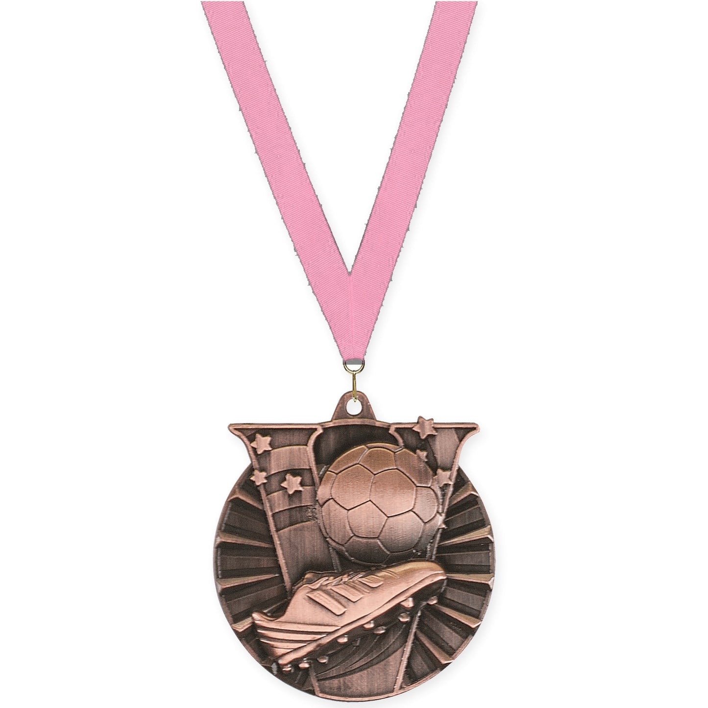 2 inch soccer Victory medal in antique bronze with Pink neck ribbon