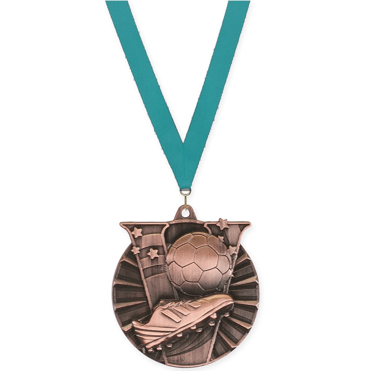 2 inch soccer Victory medal in antique bronze with Teal neck ribbon