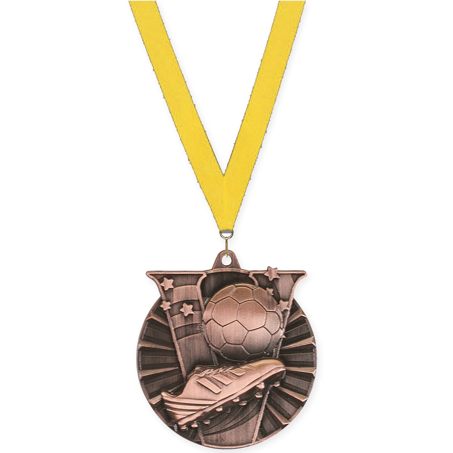 2 inch soccer Victory medal in antique bronze with Yellow neck ribbon
