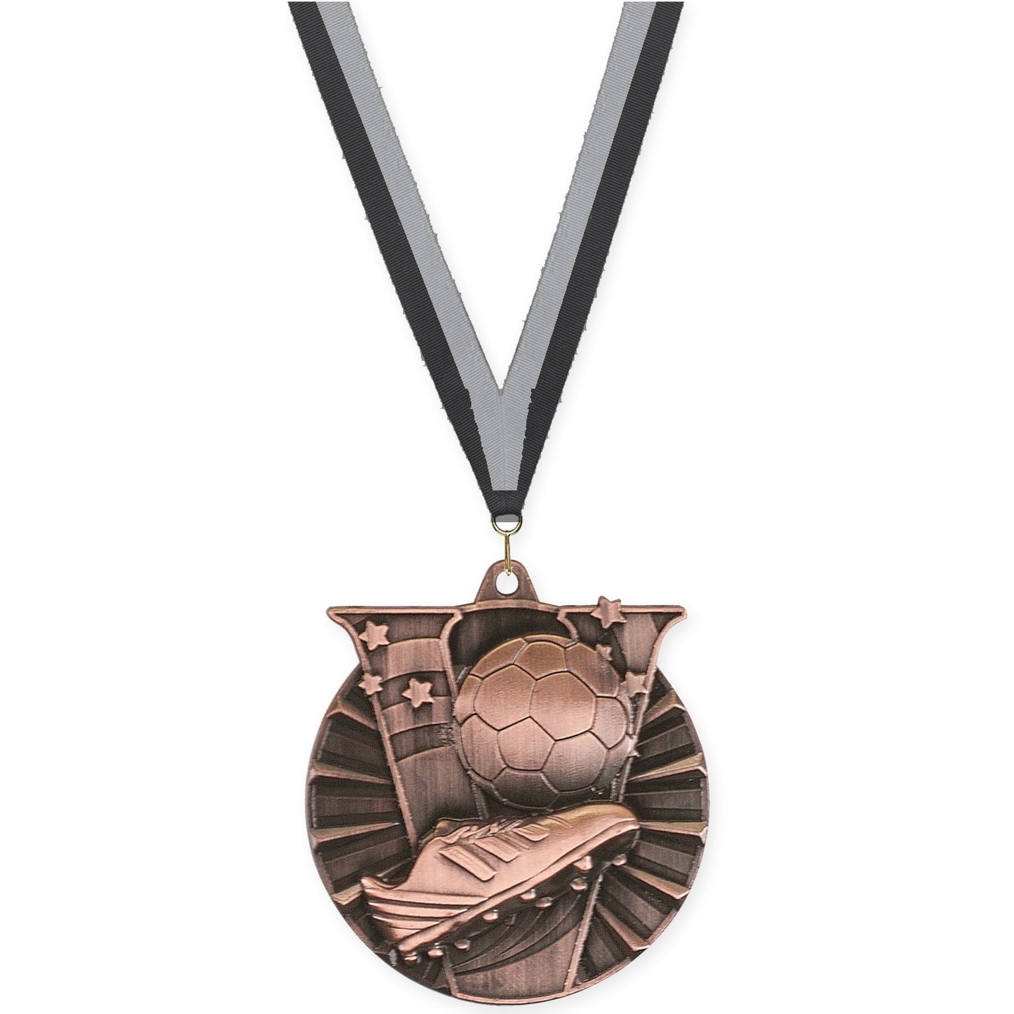 2 inch soccer Victory medal in antique bronze with Black Gray neck ribbon