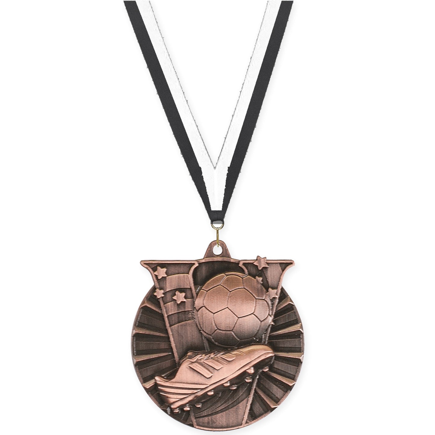 2 inch soccer Victory medal in antique bronze with Black White neck ribbon
