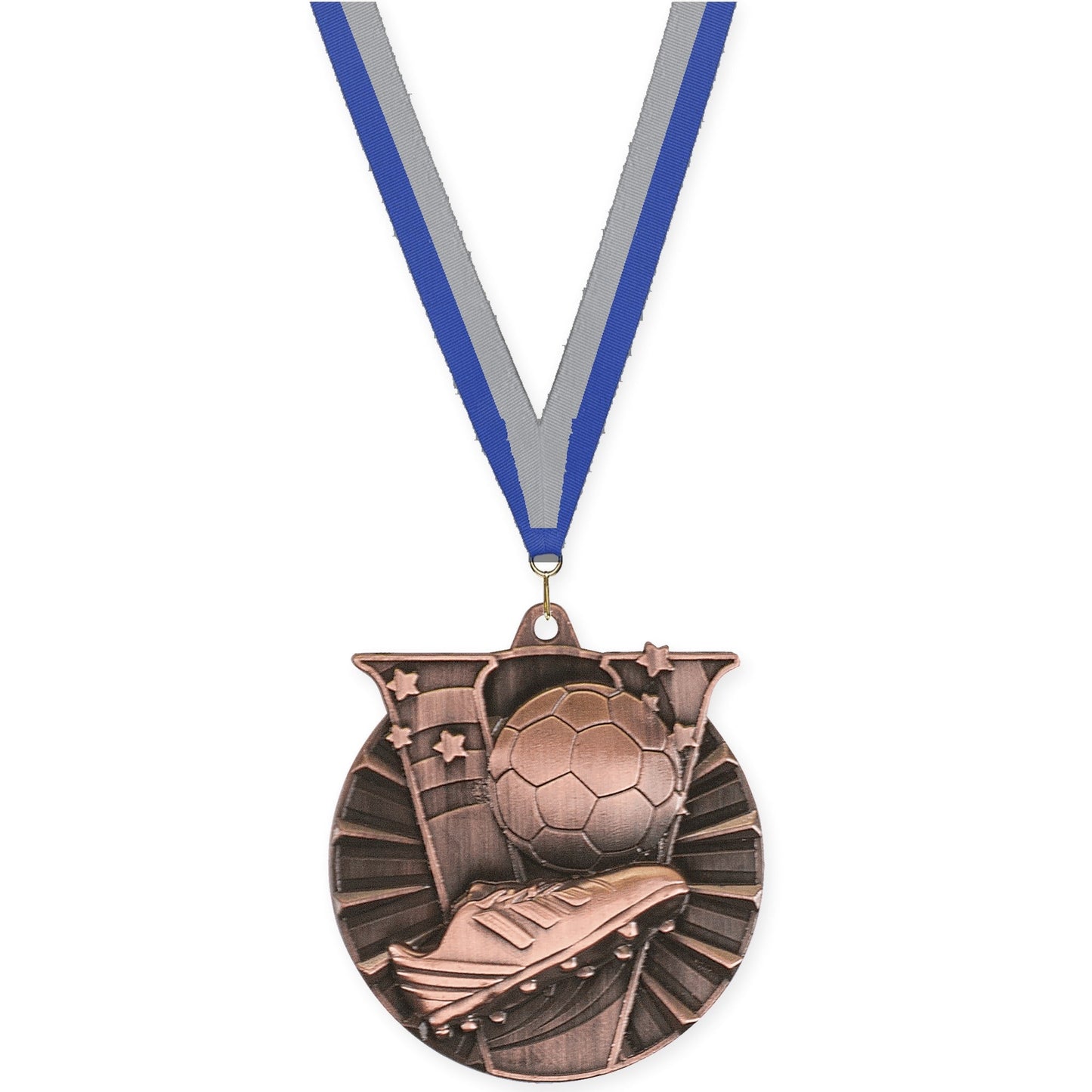 2 inch soccer Victory medal in antique bronze with Blue Gray neck ribbon