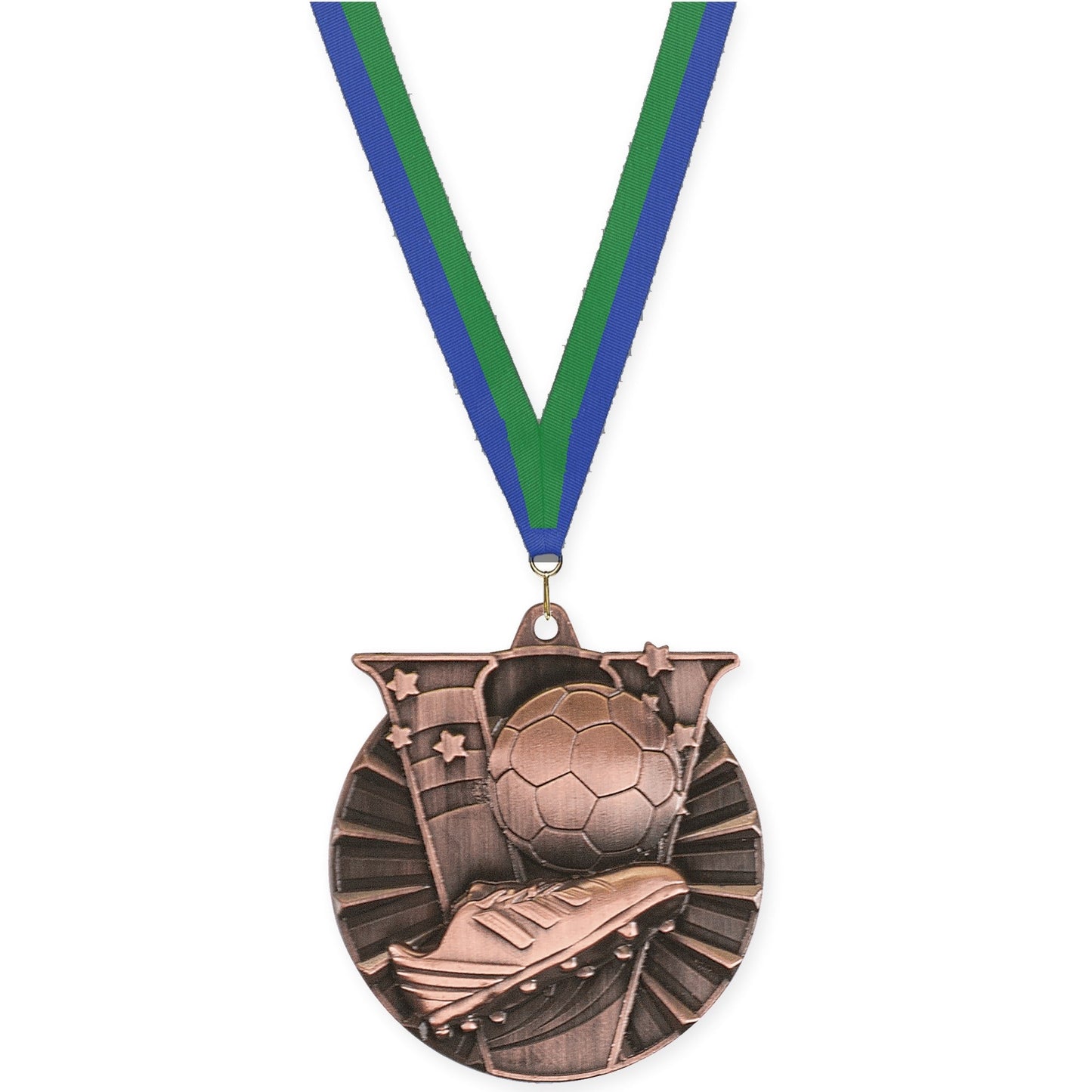 2 inch soccer Victory medal in antique bronze with Blue Green neck ribbon