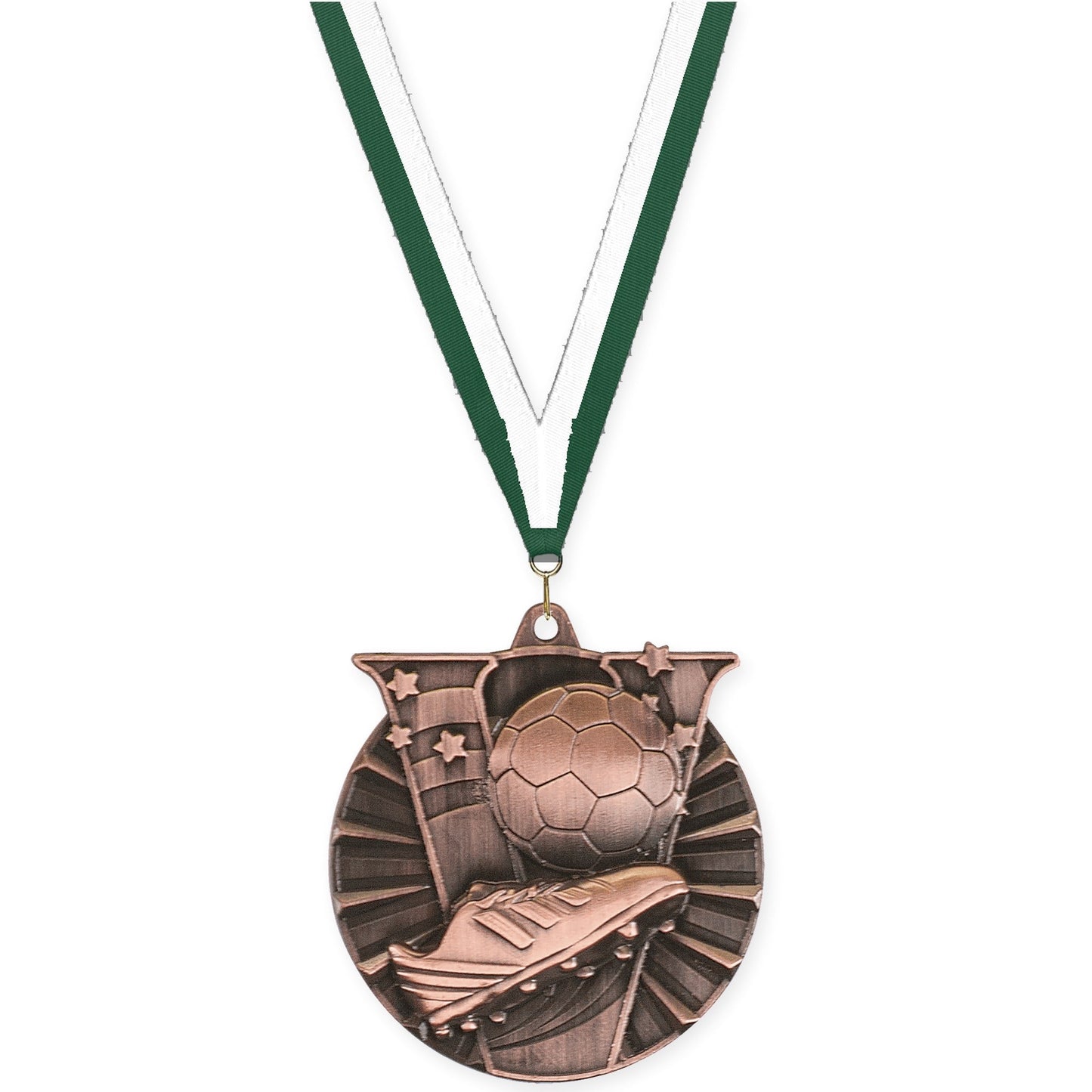 2 inch soccer Victory medal in antique bronze with Hunter Green White neck ribbon