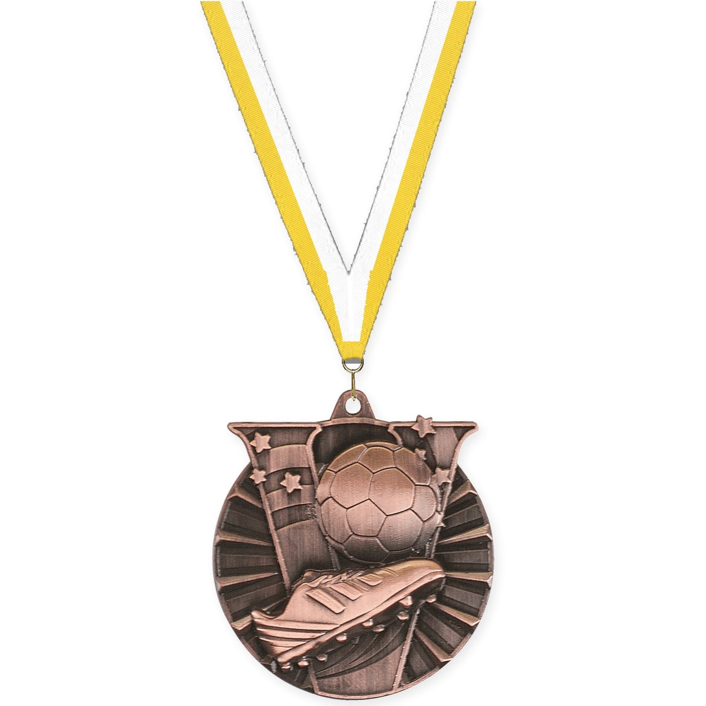 2 inch soccer Victory medal in antique bronze with Yellow White neck ribbon