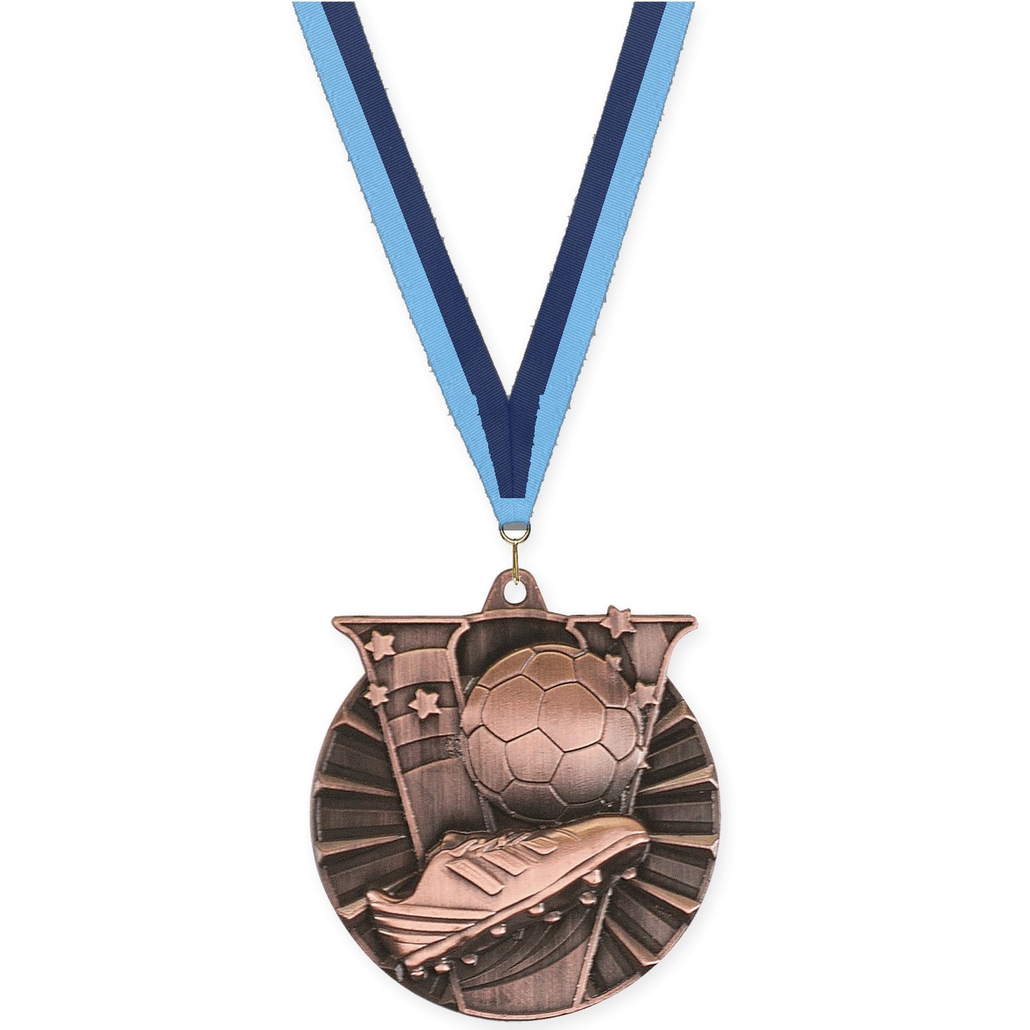 2 inch soccer Victory medal in antique bronze with Light Blue Navy neck ribbon