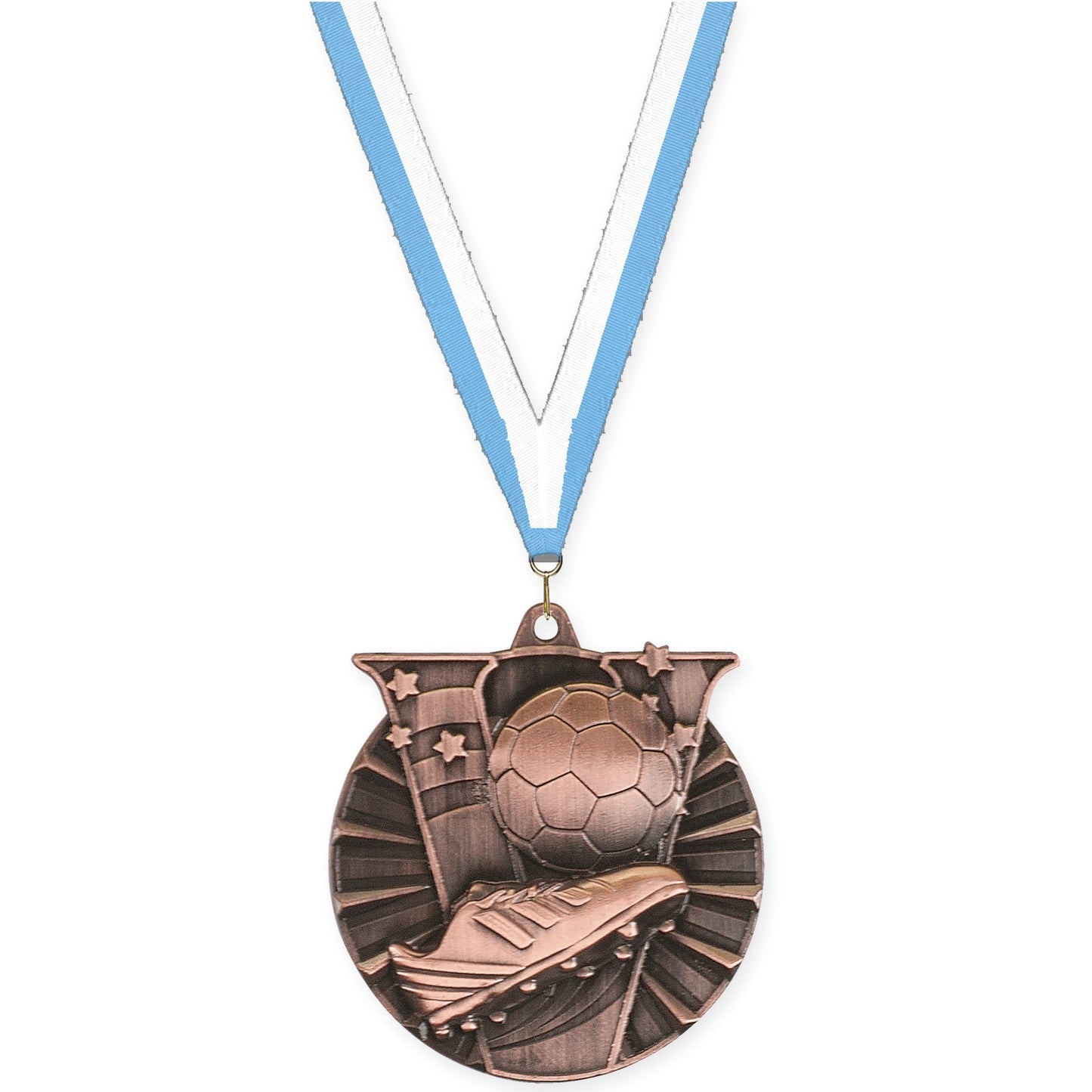 2 inch soccer Victory medal in antique bronze with Light Blue White neck ribbon