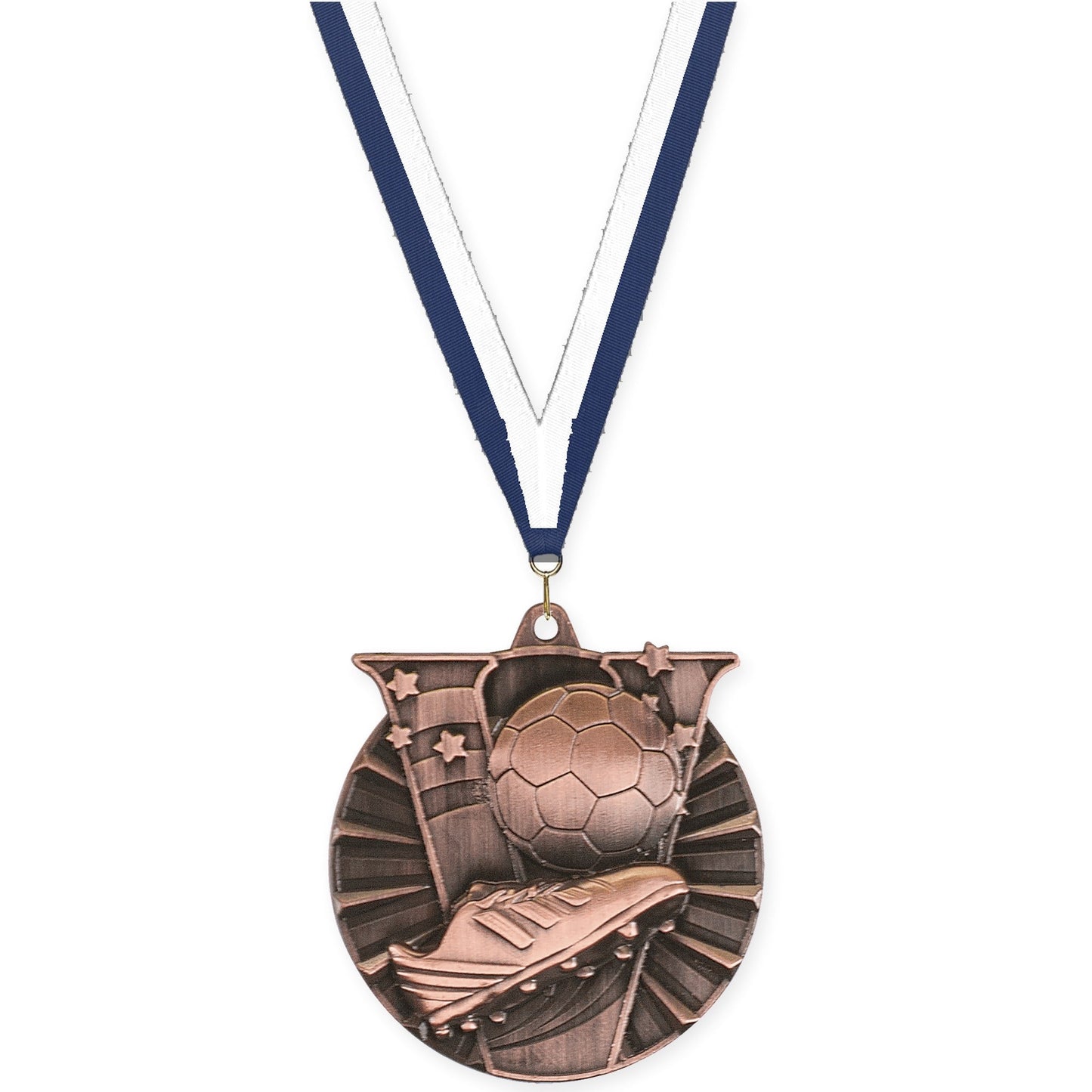 2 inch soccer Victory medal in antique bronze with Navy White neck ribbon