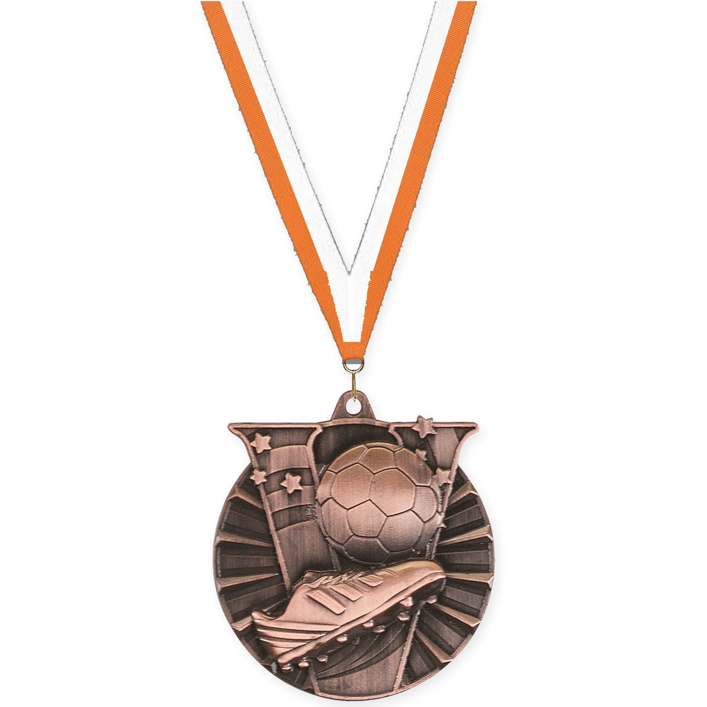 2 inch soccer Victory medal in antique bronze with Orange White neck ribbon