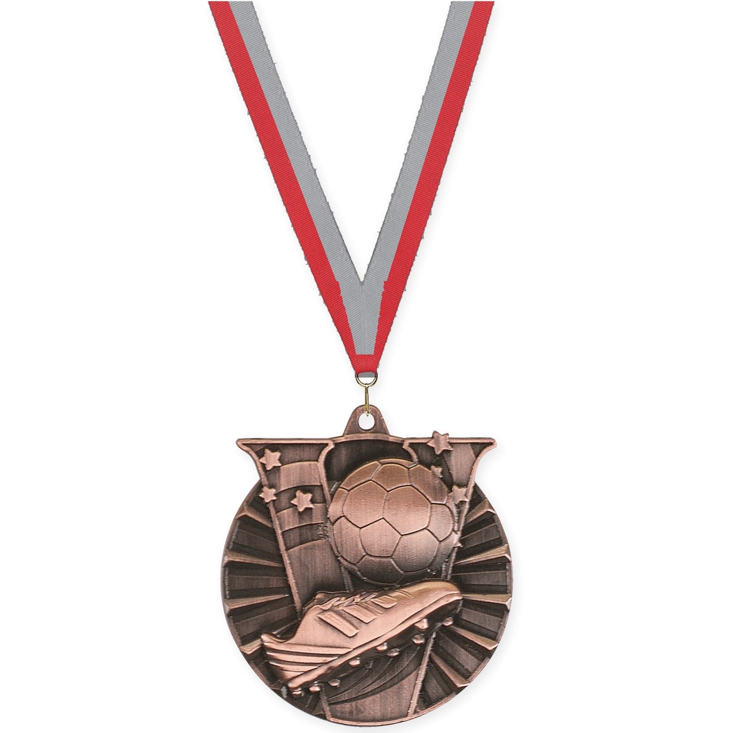 2 inch soccer Victory medal in antique bronze with Red Gray neck ribbon