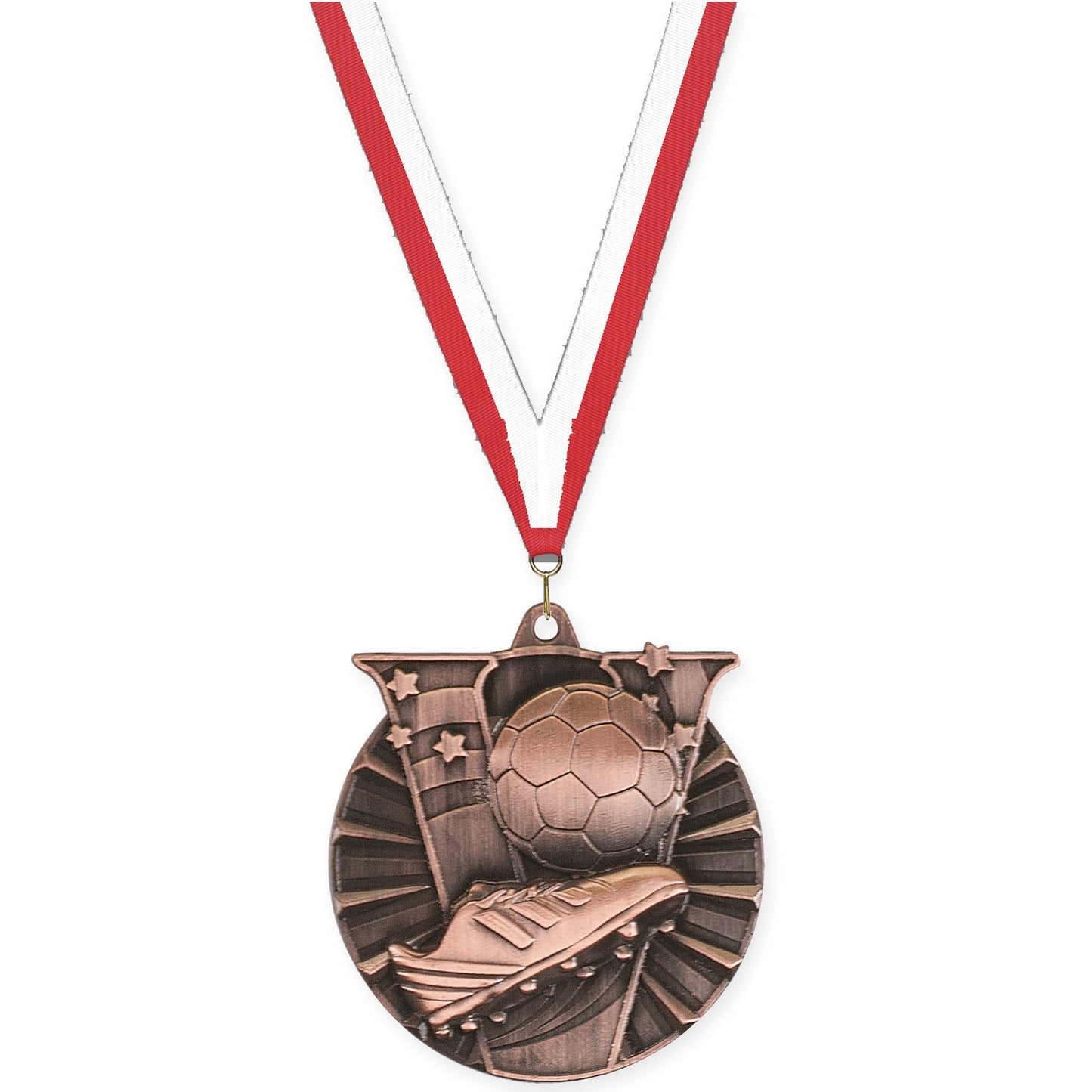 2 inch soccer Victory medal in antique bronze with Red White neck ribbon