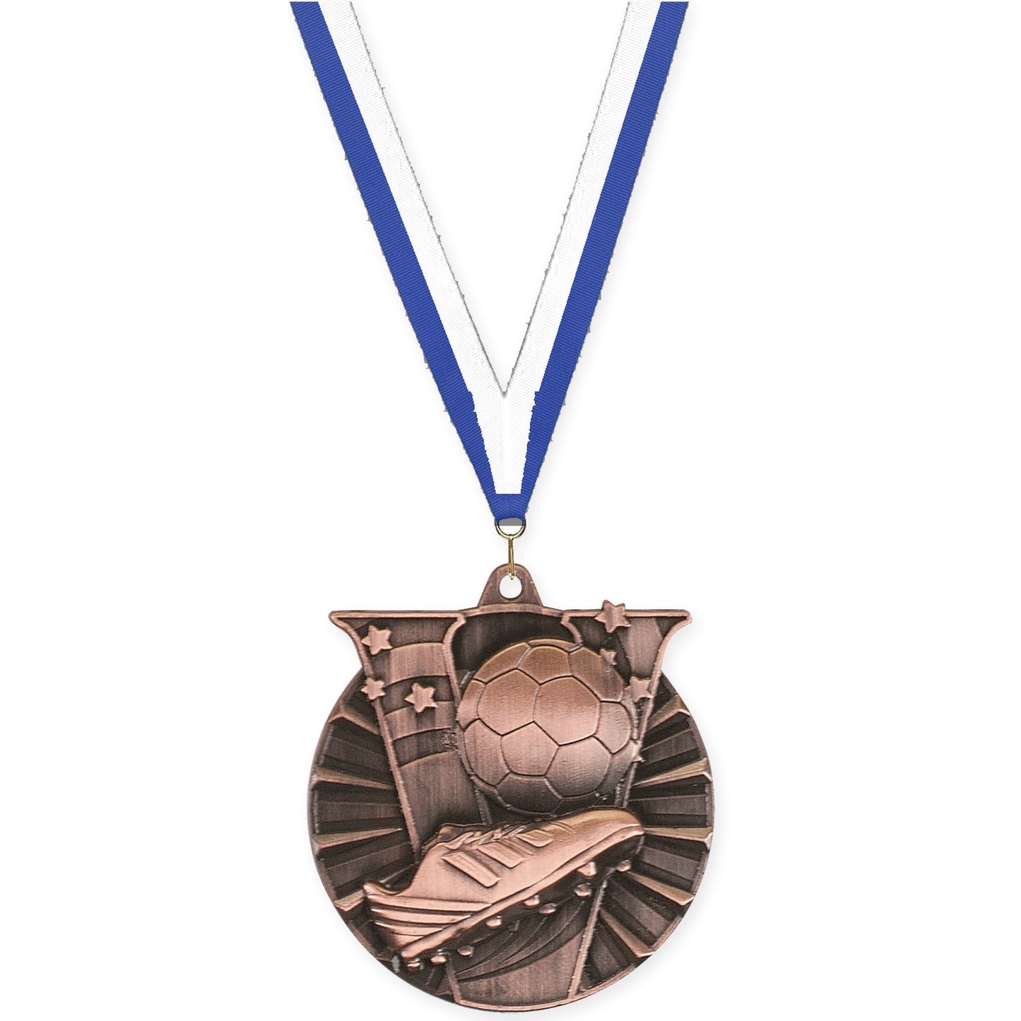 2 inch soccer Victory medal in antique bronze with Blue White neck ribbon