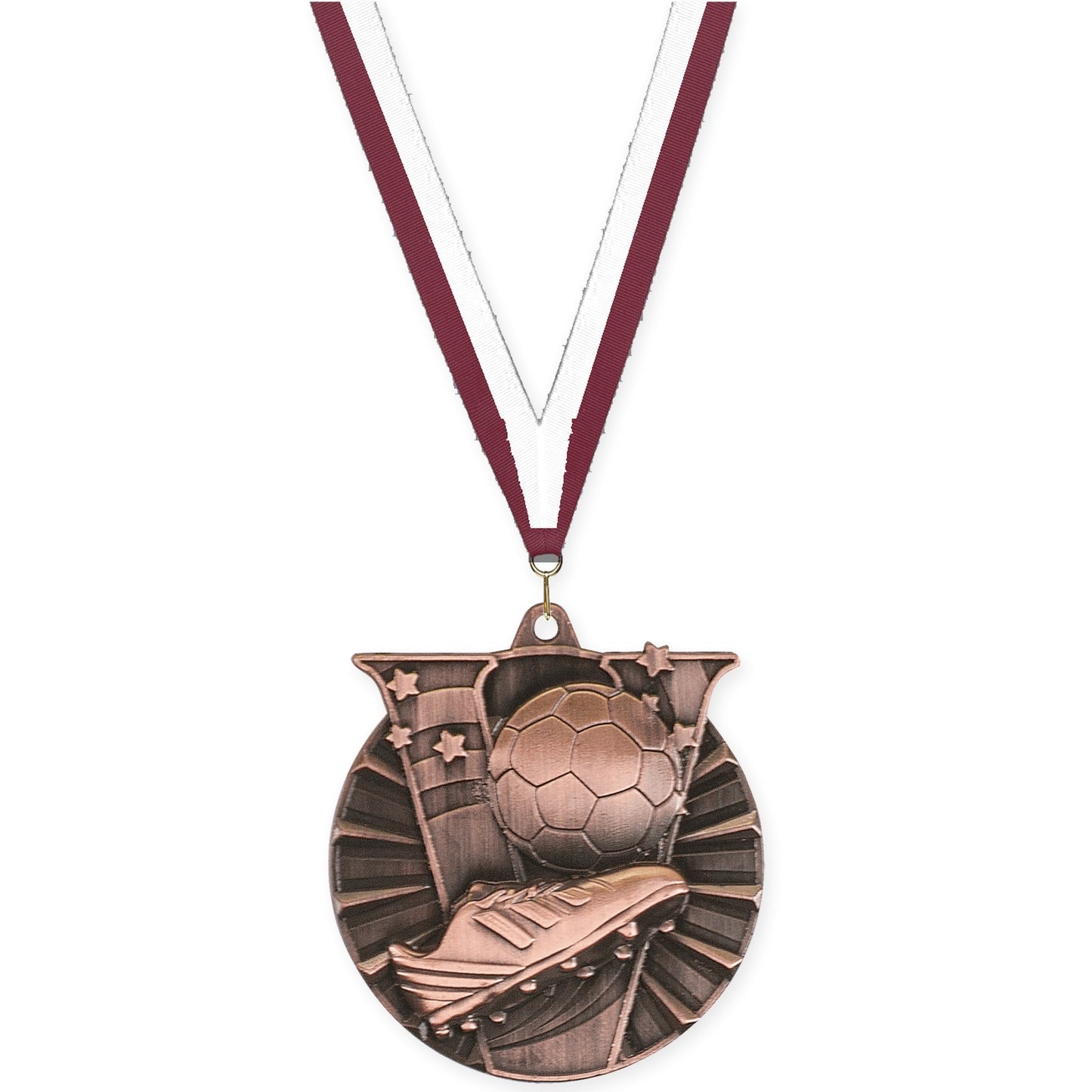 2 inch soccer Victory medal in antique bronze with Maroon White neck ribbon