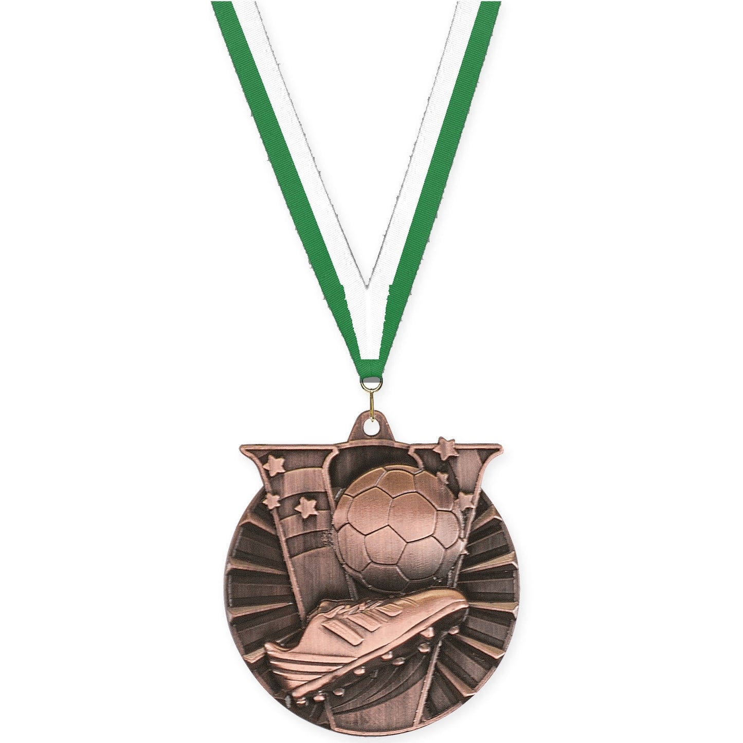 2 inch soccer Victory medal in antique bronze with Green White neck ribbon
