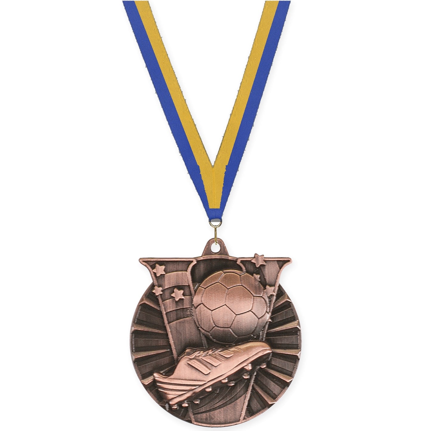 2 inch soccer Victory medal in antique bronze with Blue Gold neck ribbon