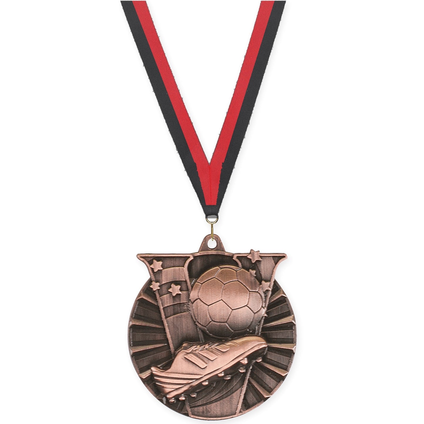 2 inch soccer Victory medal in antique bronze with Black Red neck ribbon