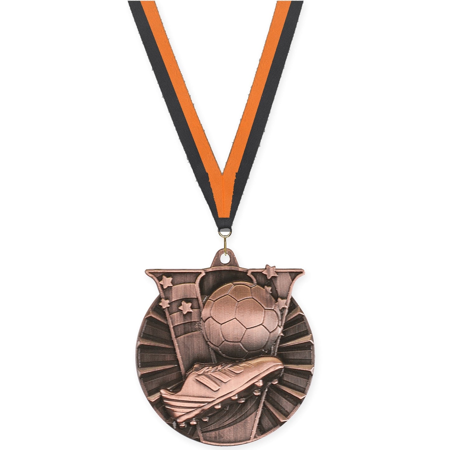 2 inch soccer Victory medal in antique bronze with Black Orange neck ribbon