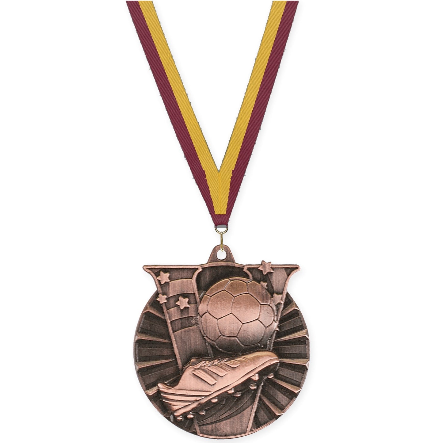 2 inch soccer Victory medal in antique bronze with Maroon Gold neck ribbon