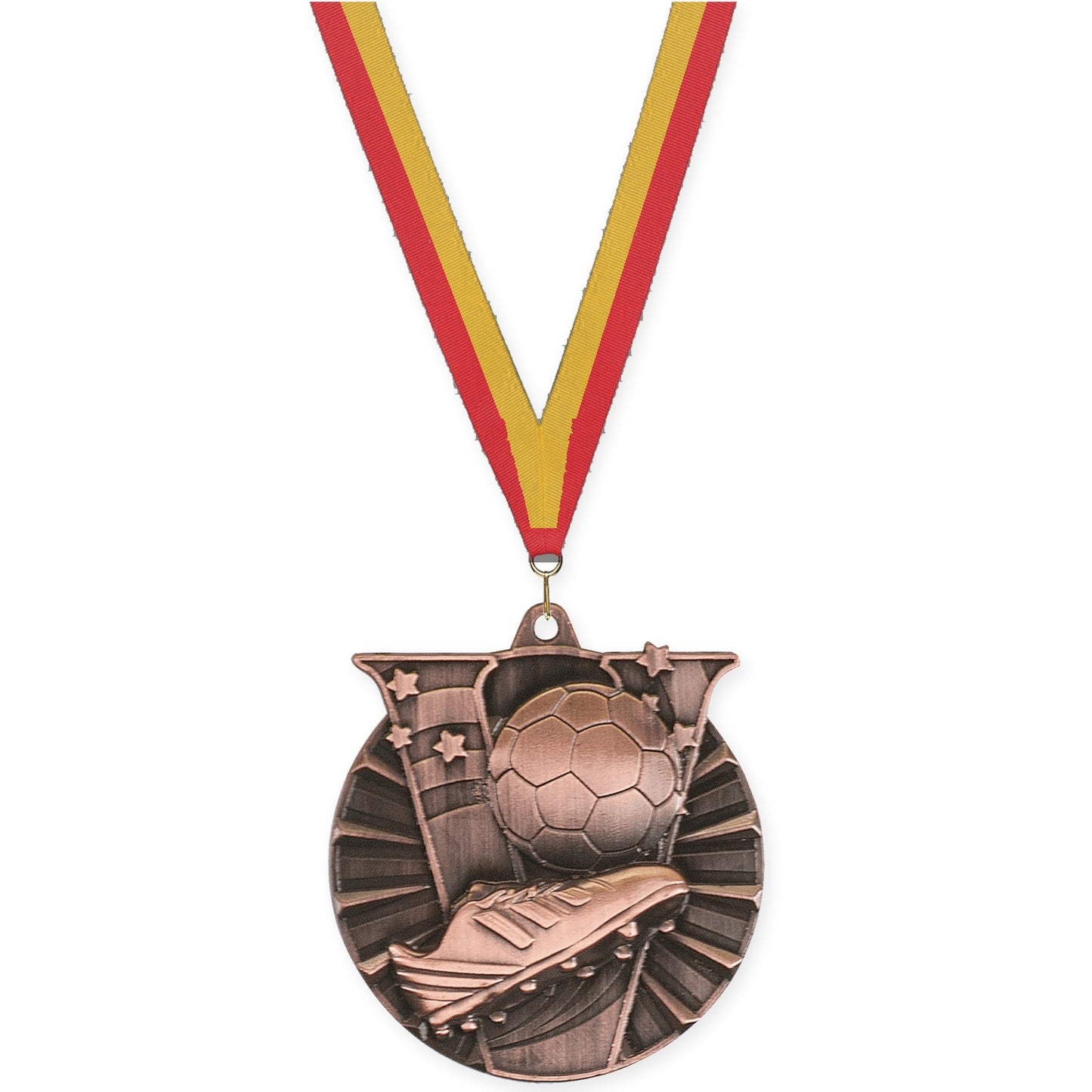 2 inch soccer Victory medal in antique bronze with Red Gold neck ribbon
