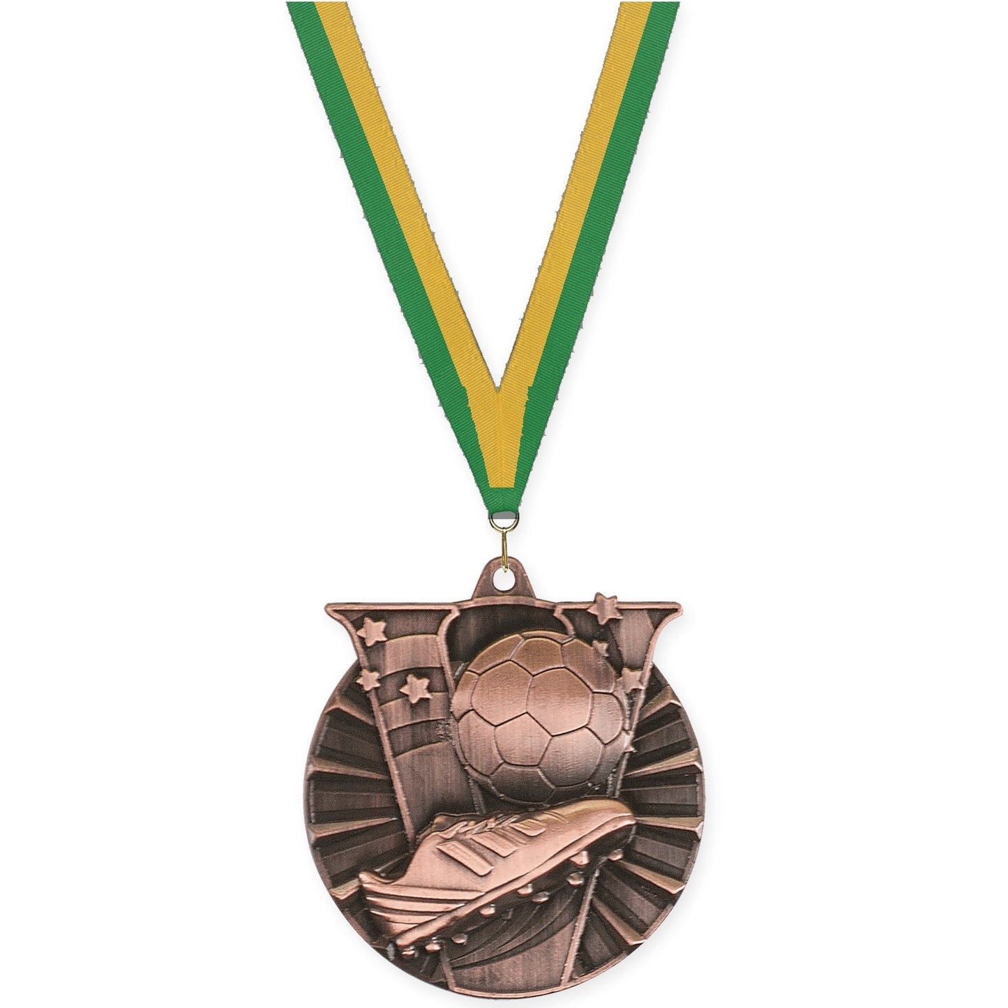 2 inch soccer Victory medal in antique bronze with Green Gold neck ribbon
