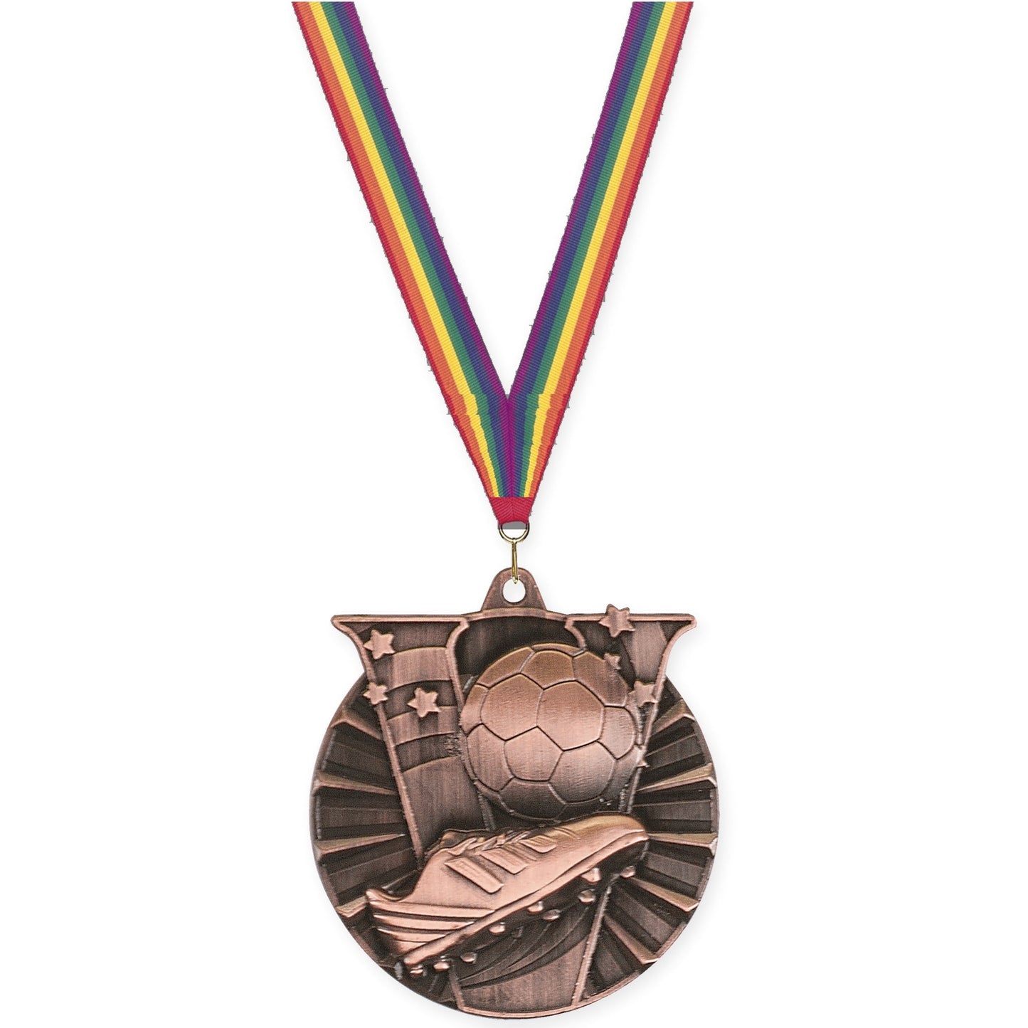 2 inch soccer Victory medal in antique bronze with Rainbow neck ribbon