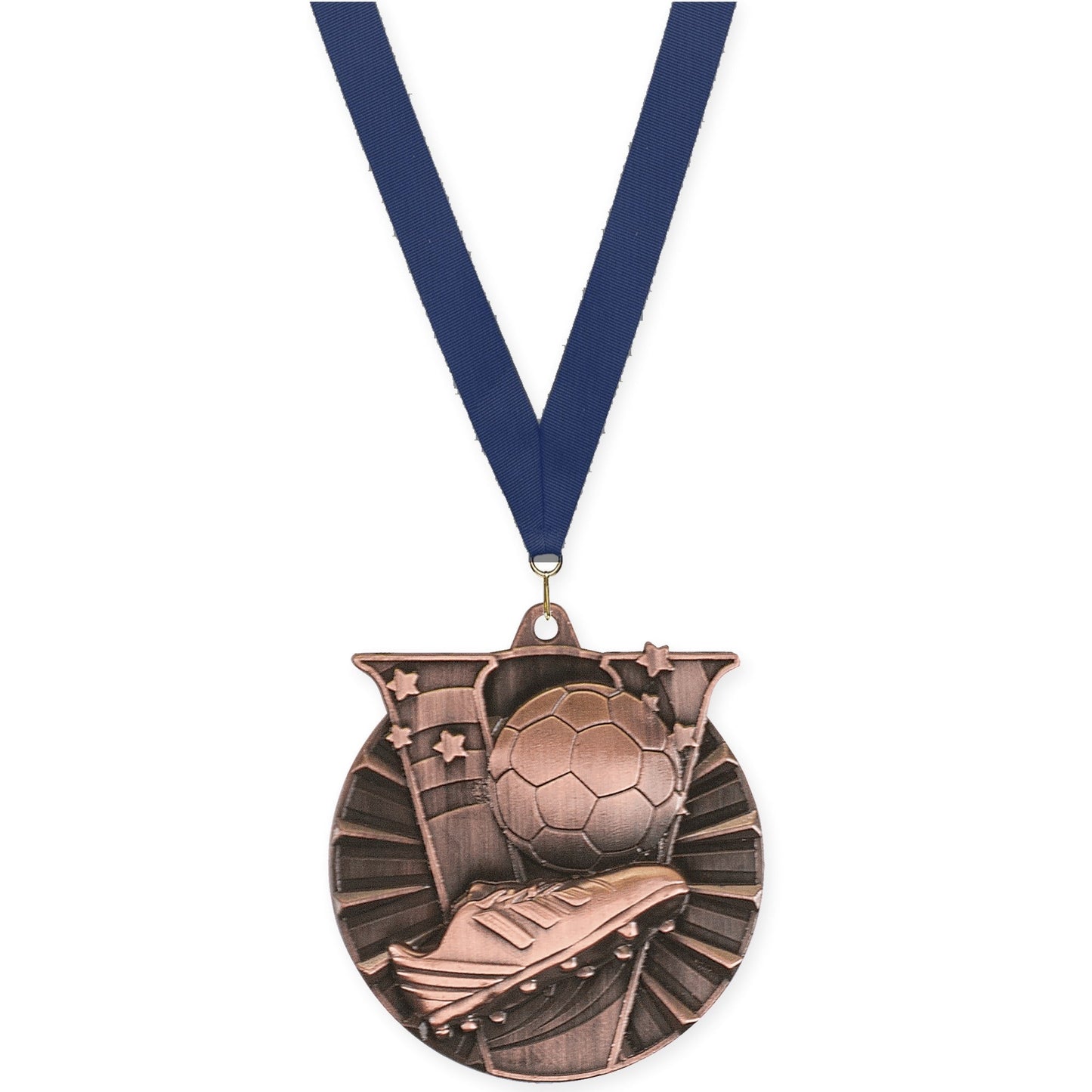 2 inch soccer Victory medal in antique bronze with Navy neck ribbon