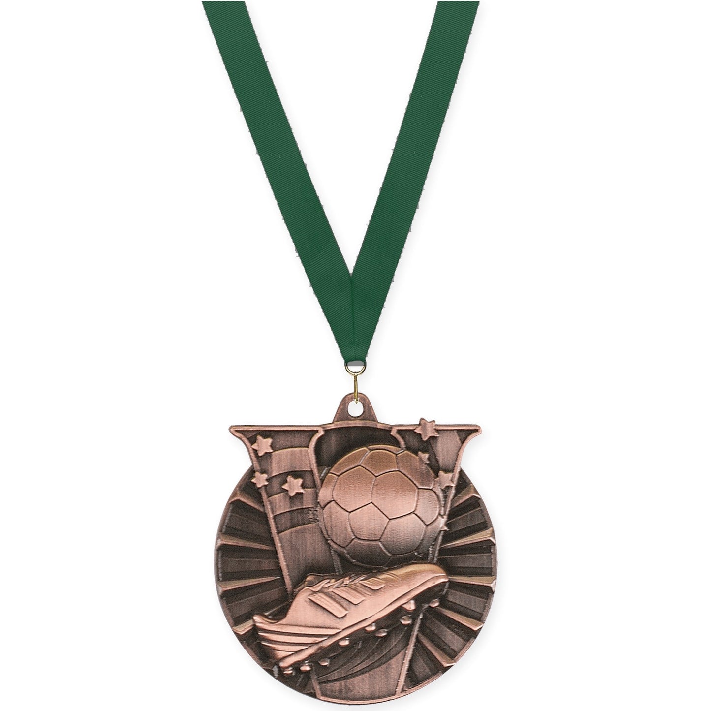 2 inch soccer Victory medal in antique bronze with Hunter Green neck ribbon