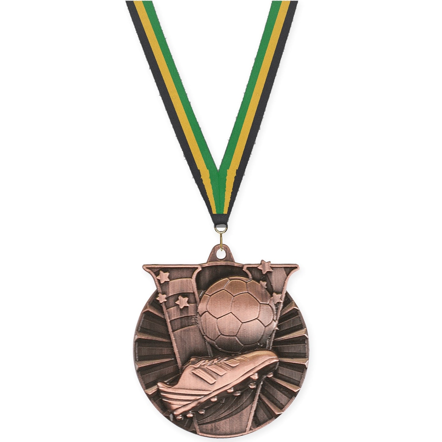 2 inch soccer Victory medal in antique bronze with Black Gold Green neck ribbon