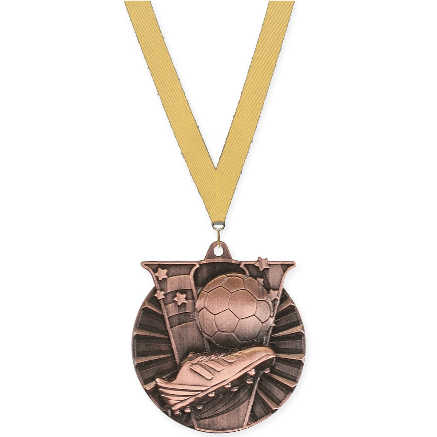 2 inch soccer Victory medal in antique bronze with Gold Metallic neck ribbon
