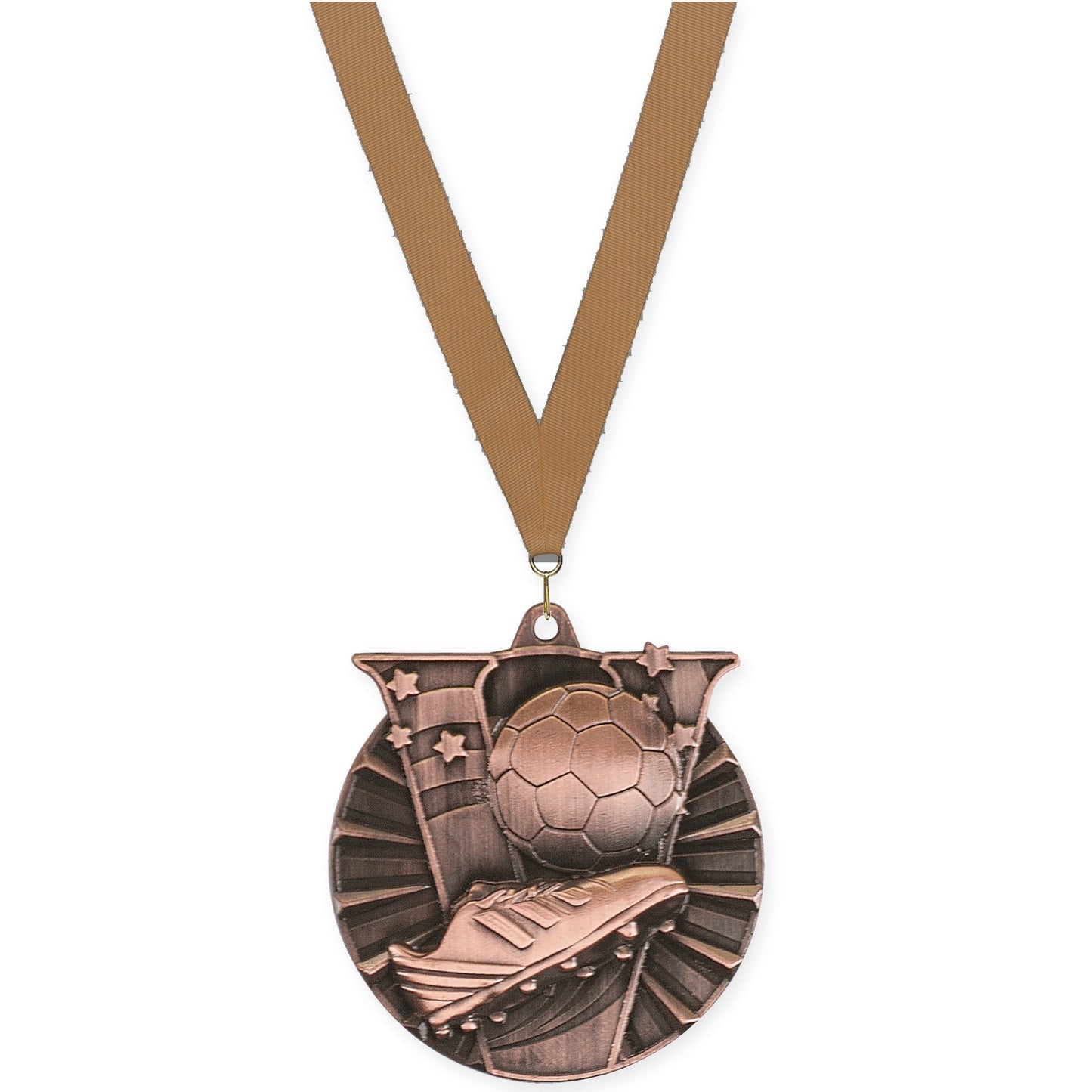 2 inch soccer Victory medal in antique bronze with Bronze Metallic neck ribbon
