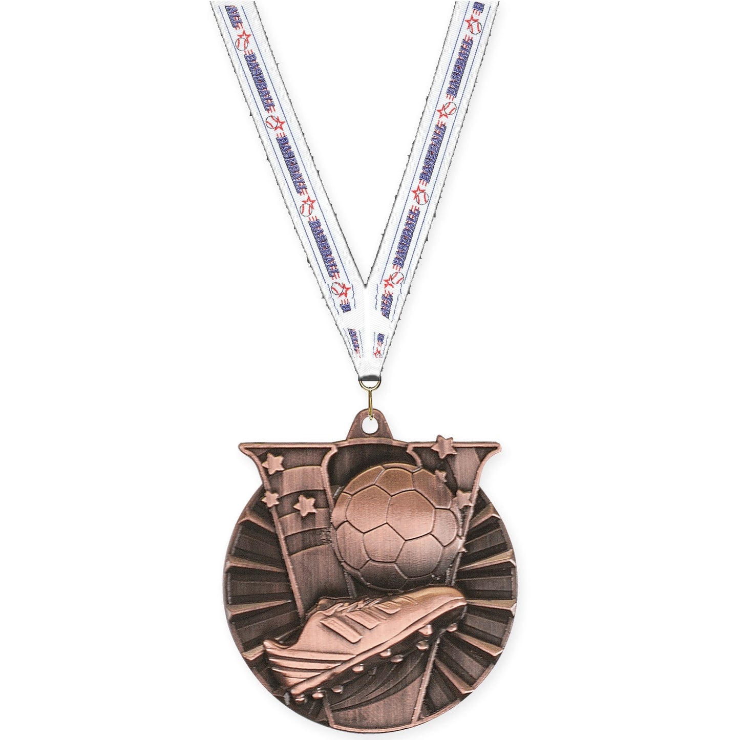 2 inch soccer Victory medal in antique bronze with Baseball neck ribbon