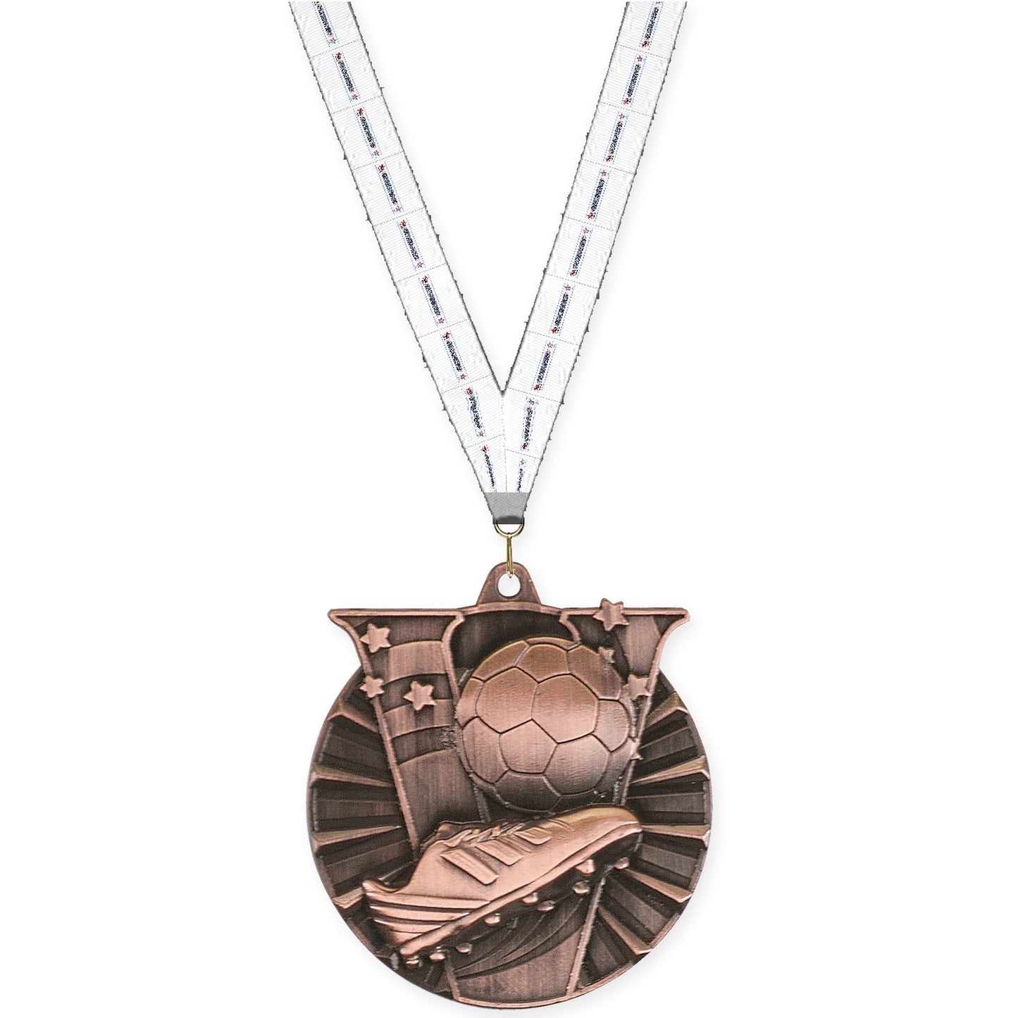 2 inch soccer Victory medal in antique bronze with Gymnastics neck ribbon