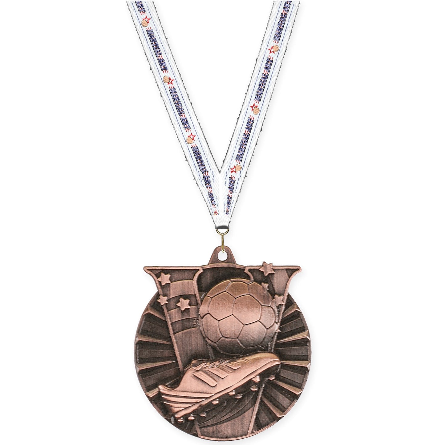 2 inch soccer Victory medal in antique bronze with Martial Arts neck ribbon
