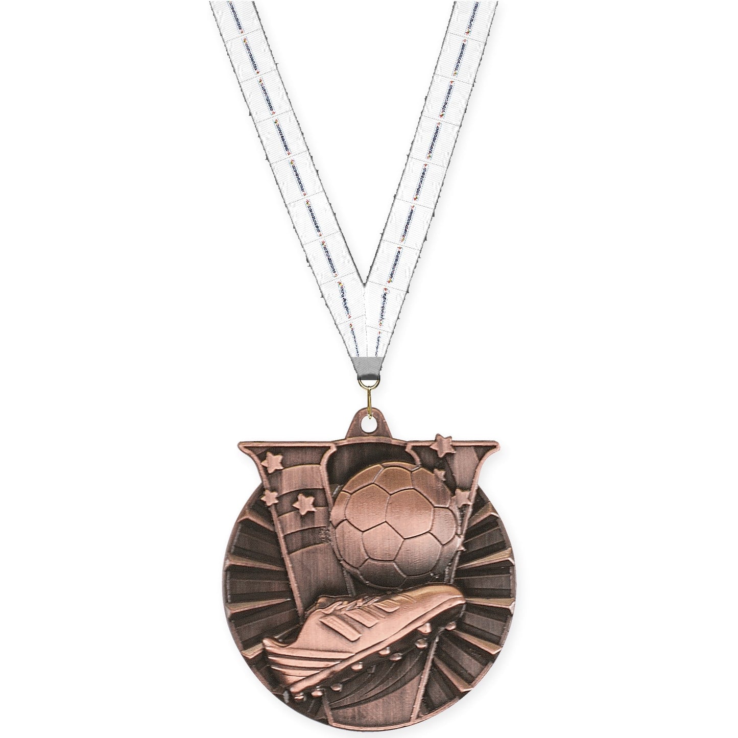 2 inch soccer Victory medal in antique bronze with Lamp Of Knowledge neck ribbon