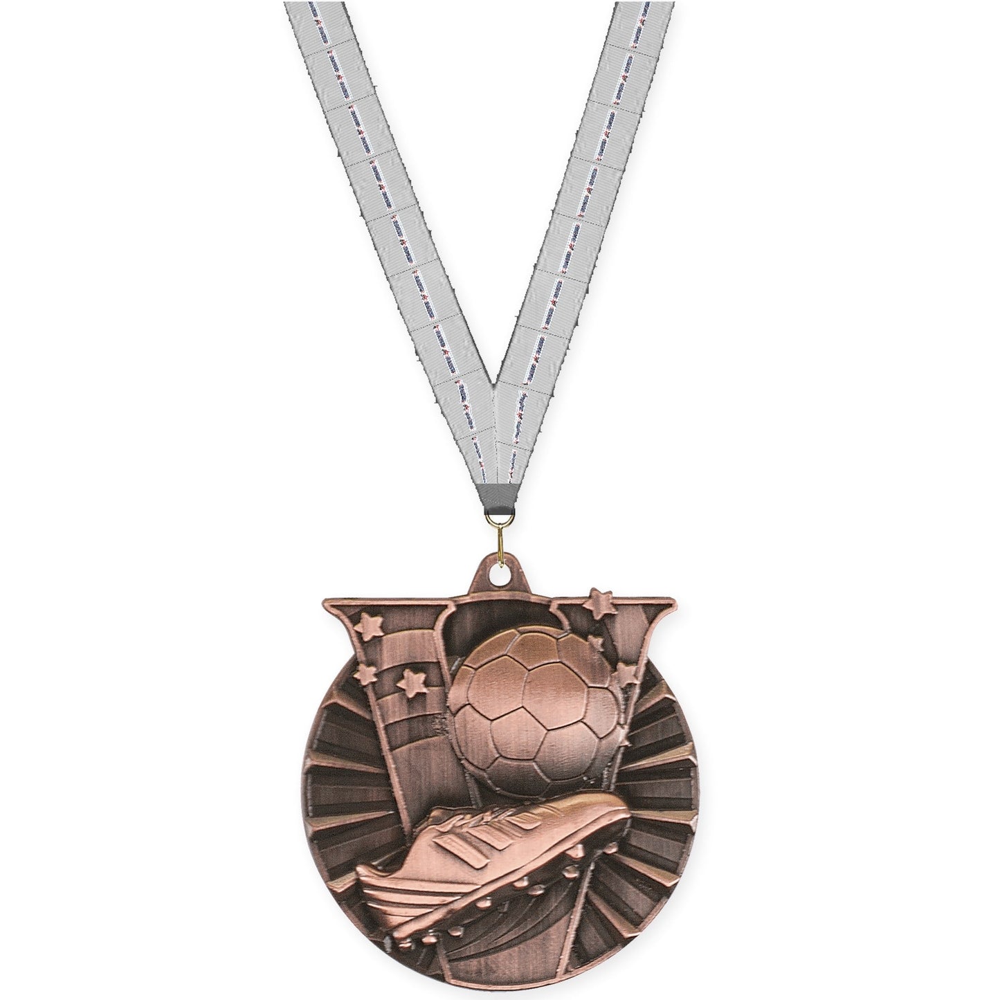 2 inch soccer Victory medal in antique bronze with Auto Racing neck ribbon