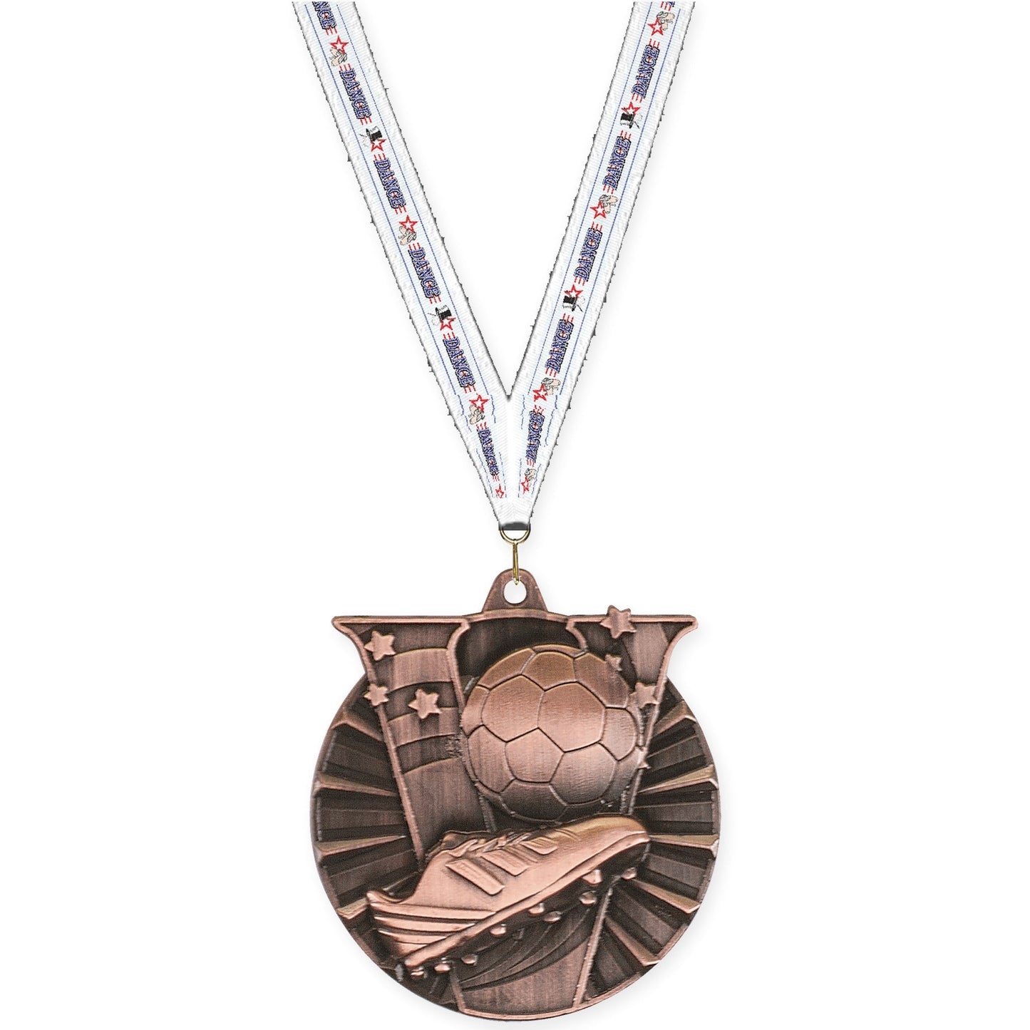 2 inch soccer Victory medal in antique bronze with Dance neck ribbon